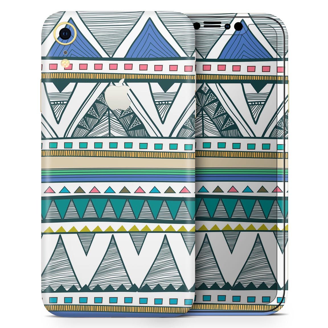 Abstract Blue and Green Triangle Aztec Skin-Kit for Apple iPhone, showcasing vibrant colors and unique design.