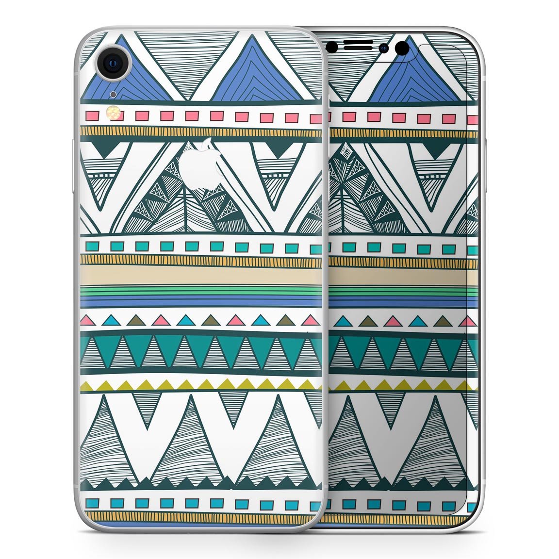 Abstract Blue and Green Triangle Aztec Skin-Kit for Apple iPhone, showcasing vibrant colors and unique design.