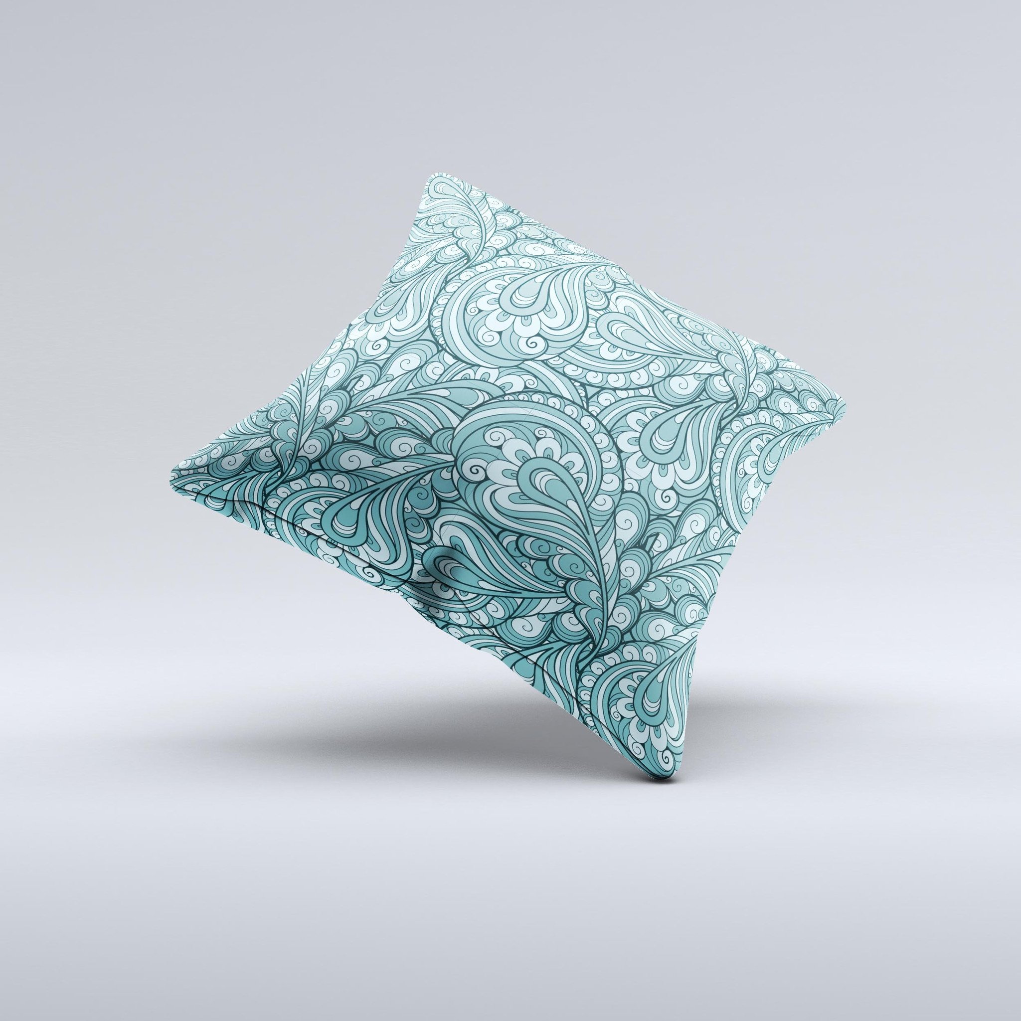 Abstract Blue Feather Paisley decorative throw pillow with intricate patterns and vibrant colors, showcasing its handmade quality.