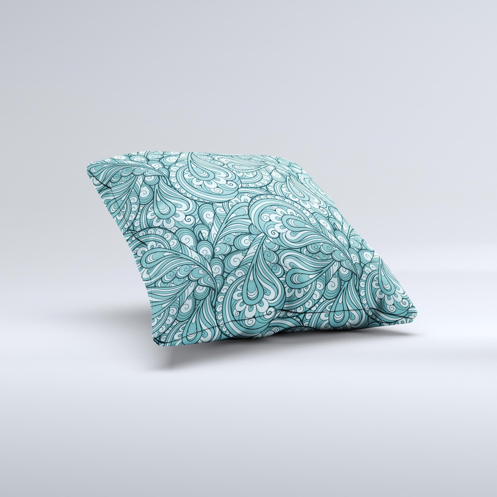 Abstract Blue Feather Paisley decorative throw pillow with intricate patterns and vibrant colors, showcasing its handmade quality.