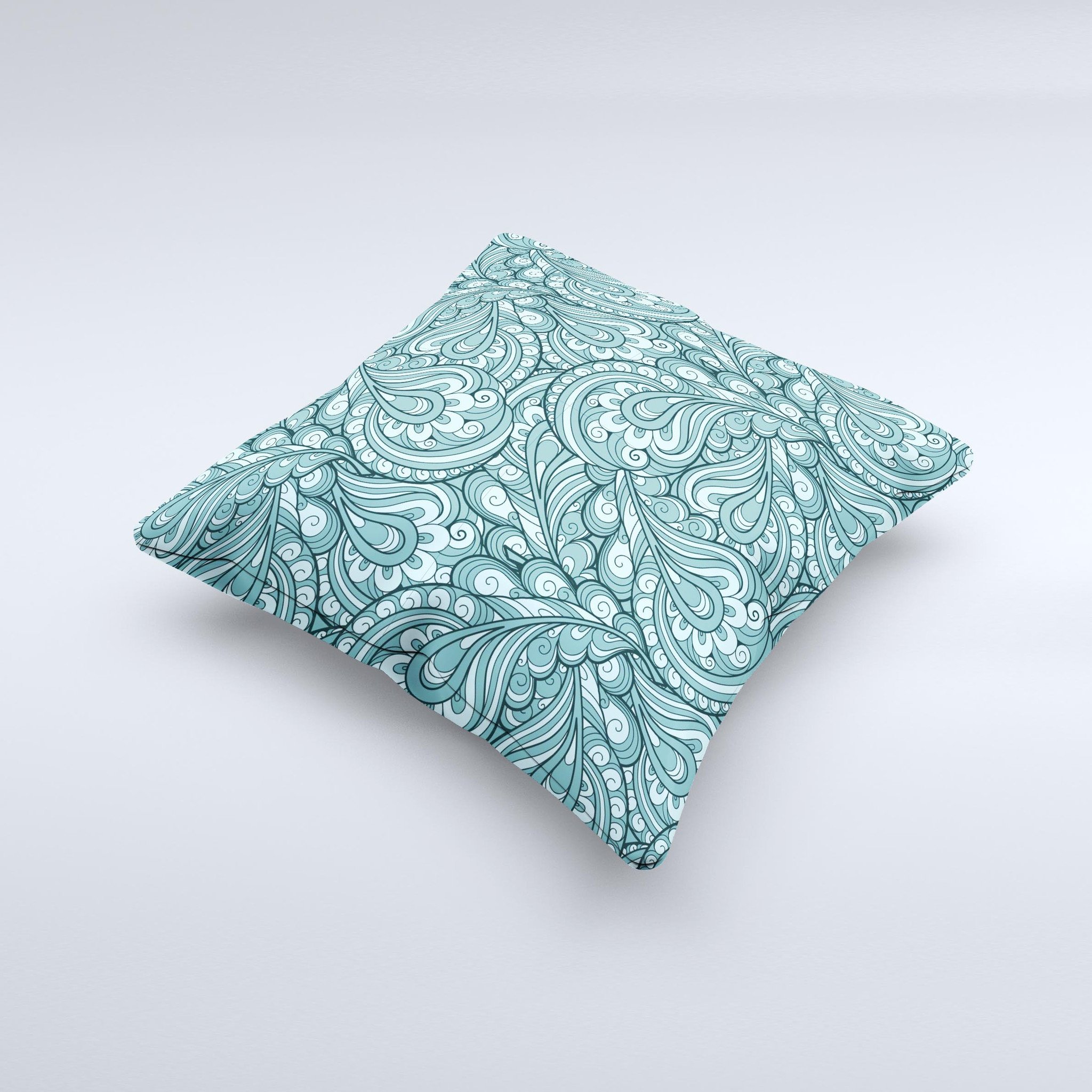 Abstract Blue Feather Paisley decorative throw pillow with intricate patterns and vibrant colors, showcasing its handmade quality.