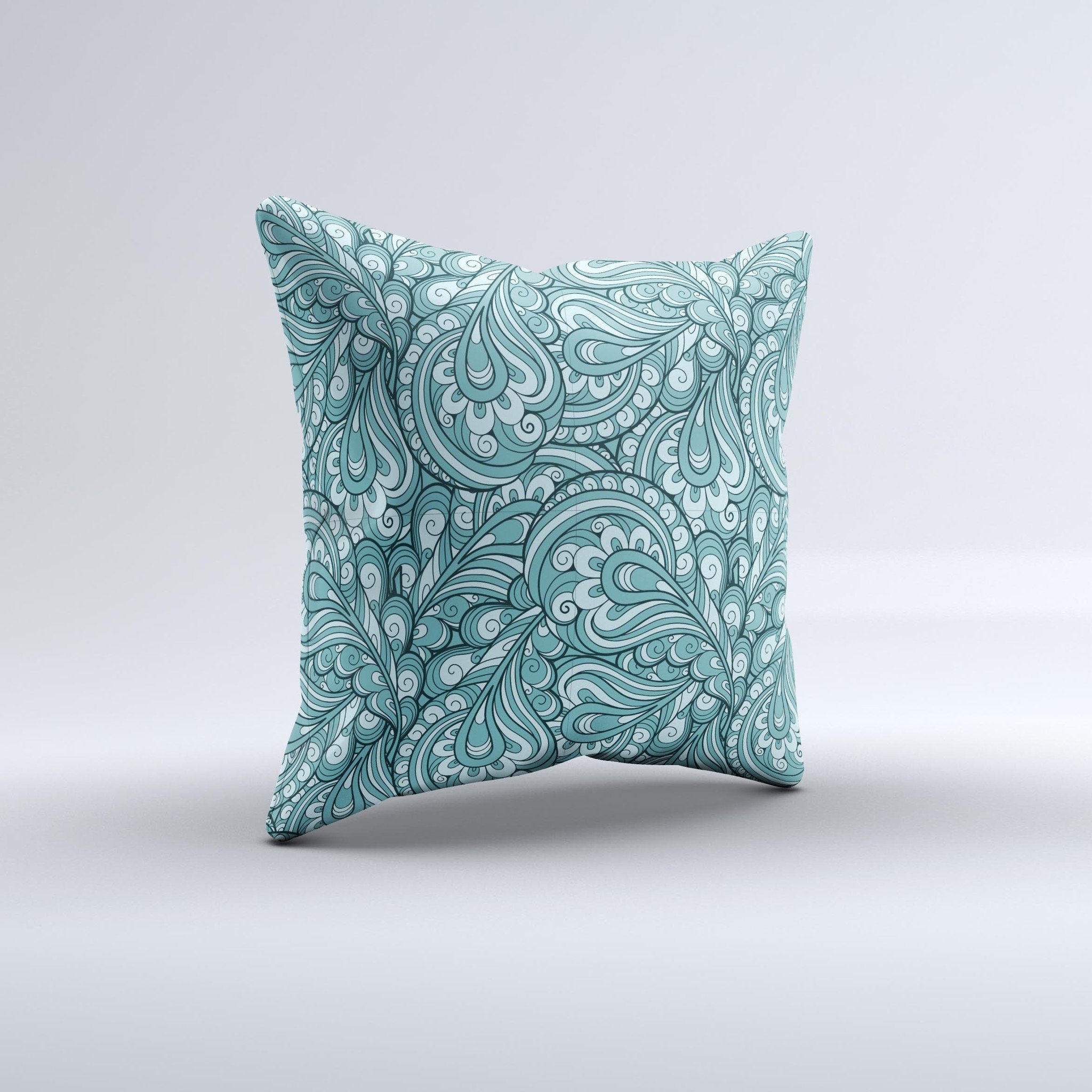 Abstract Blue Feather Paisley decorative throw pillow with intricate patterns and vibrant colors, showcasing its handmade quality.