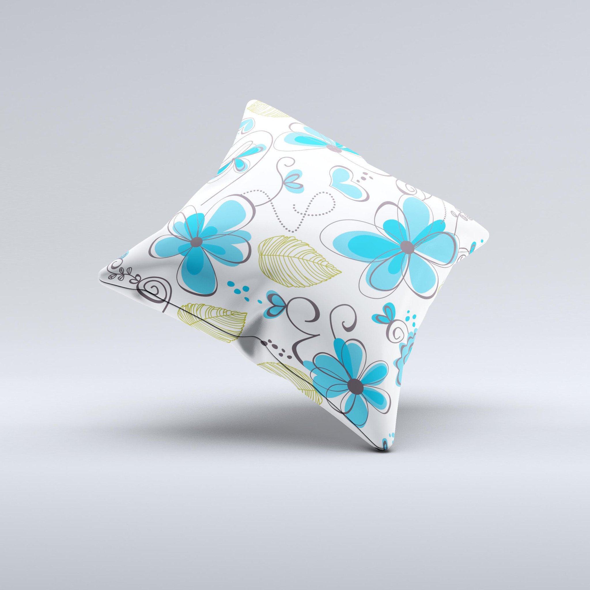 Abstract Blue Floral Pattern V4 ink-Fuzed Decorative Throw Pillow showcasing intricate floral designs in vibrant blue hues.