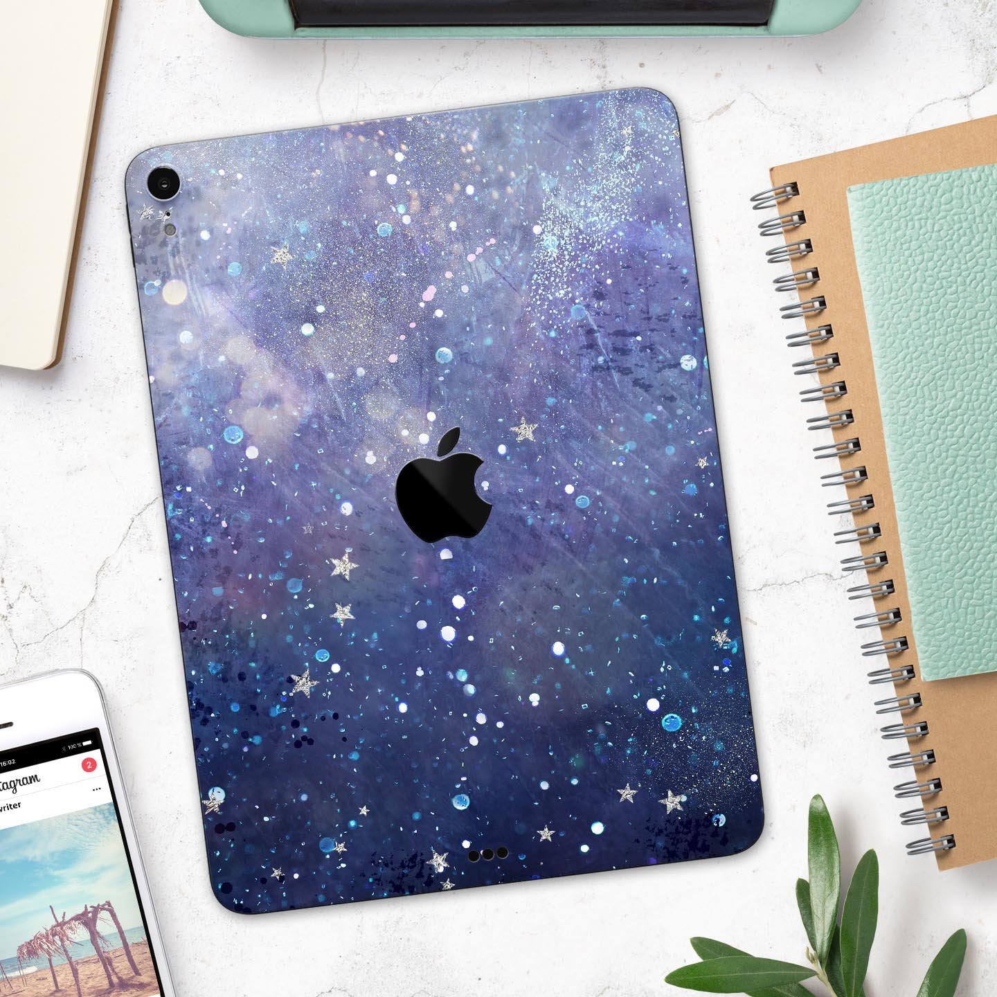 Abstract Blue Grungy Stars skin decal for Apple iPad, showcasing a vibrant star design on a protective layer.