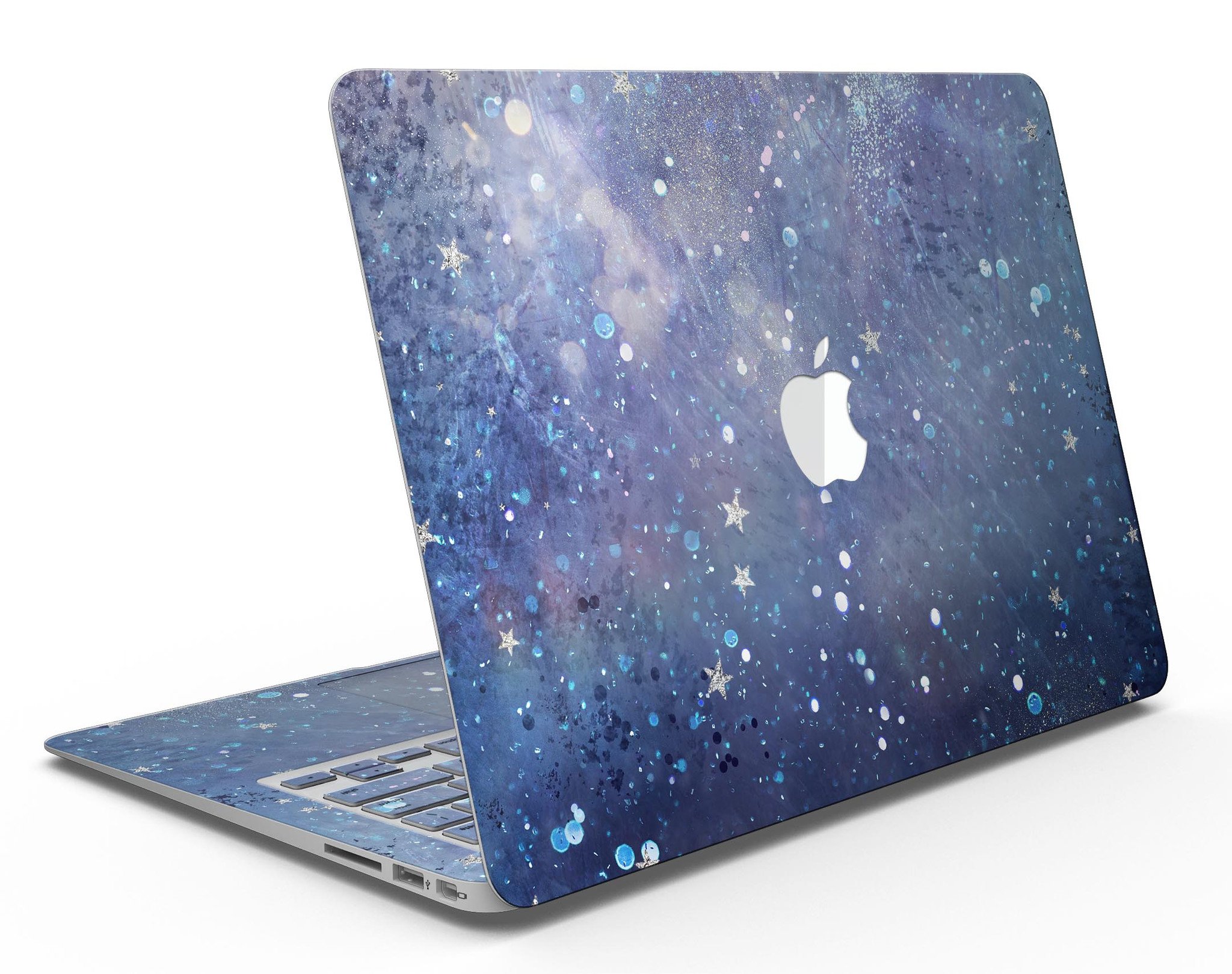 Abstract Blue Grungy Stars MacBook Air Skin Kit showcasing a vibrant design on a sleek laptop surface.