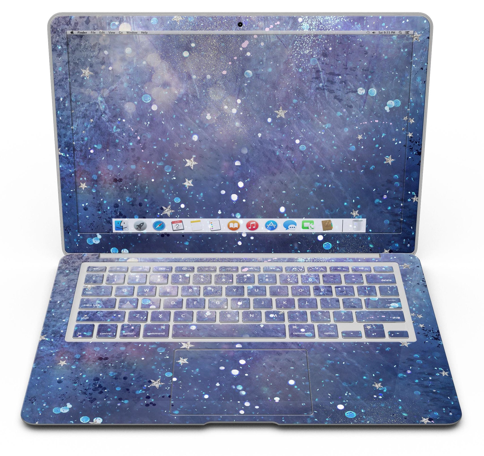 Abstract Blue Grungy Stars MacBook Air Skin Kit showcasing a vibrant design on a sleek laptop surface.