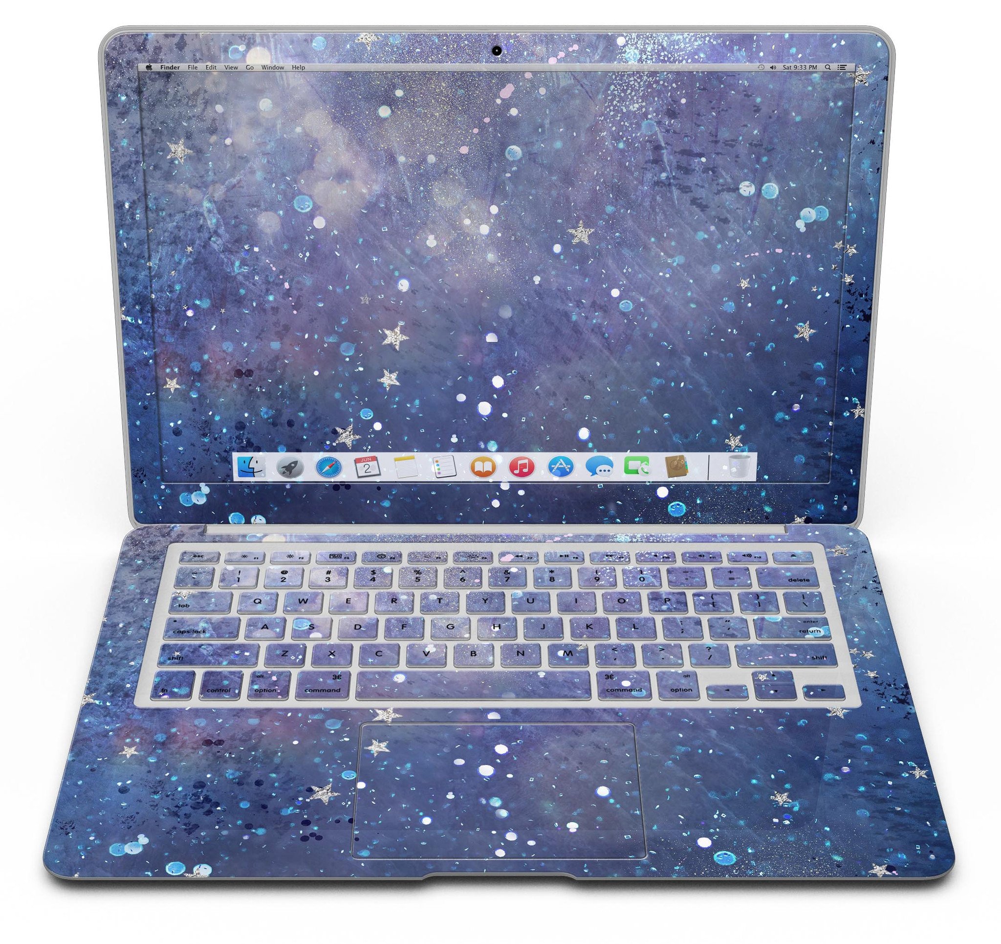 Abstract Blue Grungy Stars MacBook Air Skin Kit showcasing a vibrant design on a sleek laptop surface.