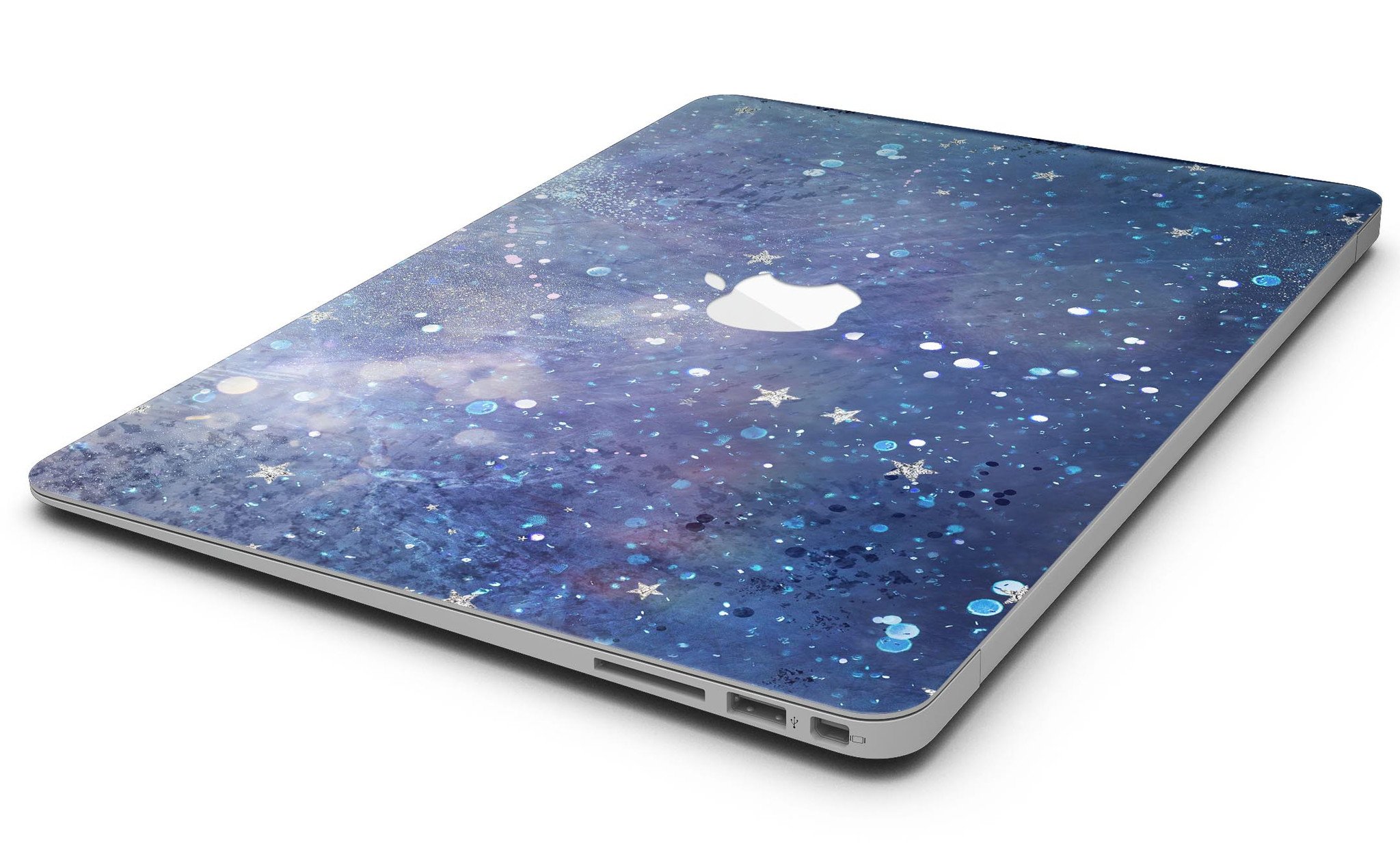 Abstract Blue Grungy Stars MacBook Air Skin Kit showcasing a vibrant design on a sleek laptop surface.