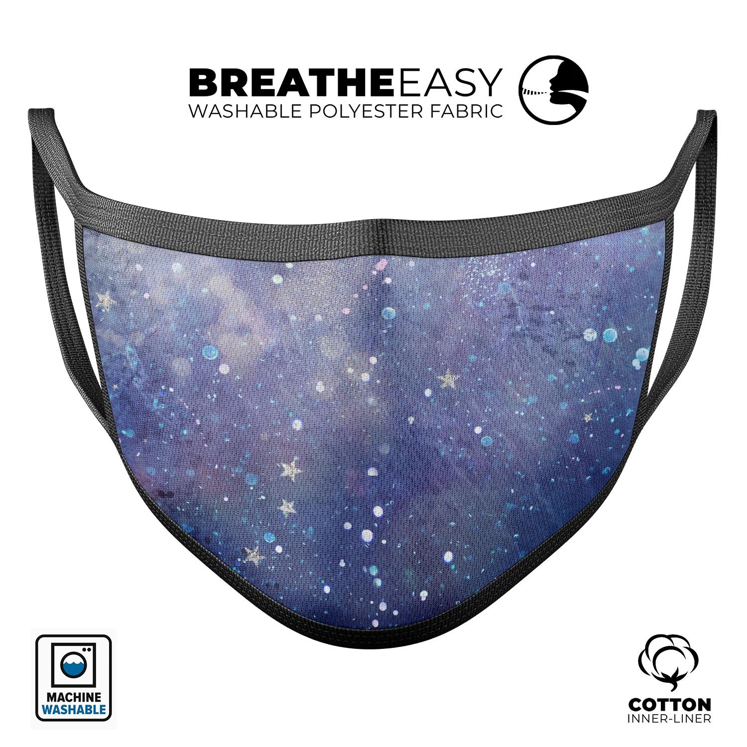 Abstract Blue Grungy Stars mouth cover, a stylish unisex anti-dust mask made in the USA, featuring adjustable ear loops and a comfortable cotton interior.