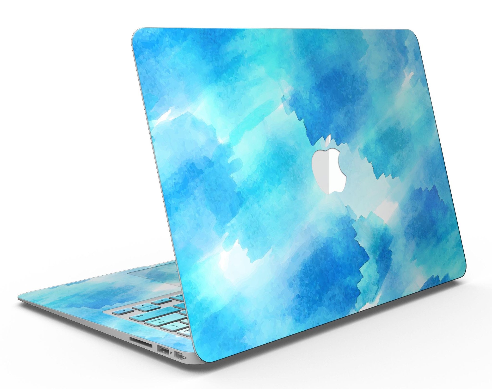 Abstract Blue Stroked Watercolour MacBook Air Skin Kit showcasing vibrant colors and a sleek design.