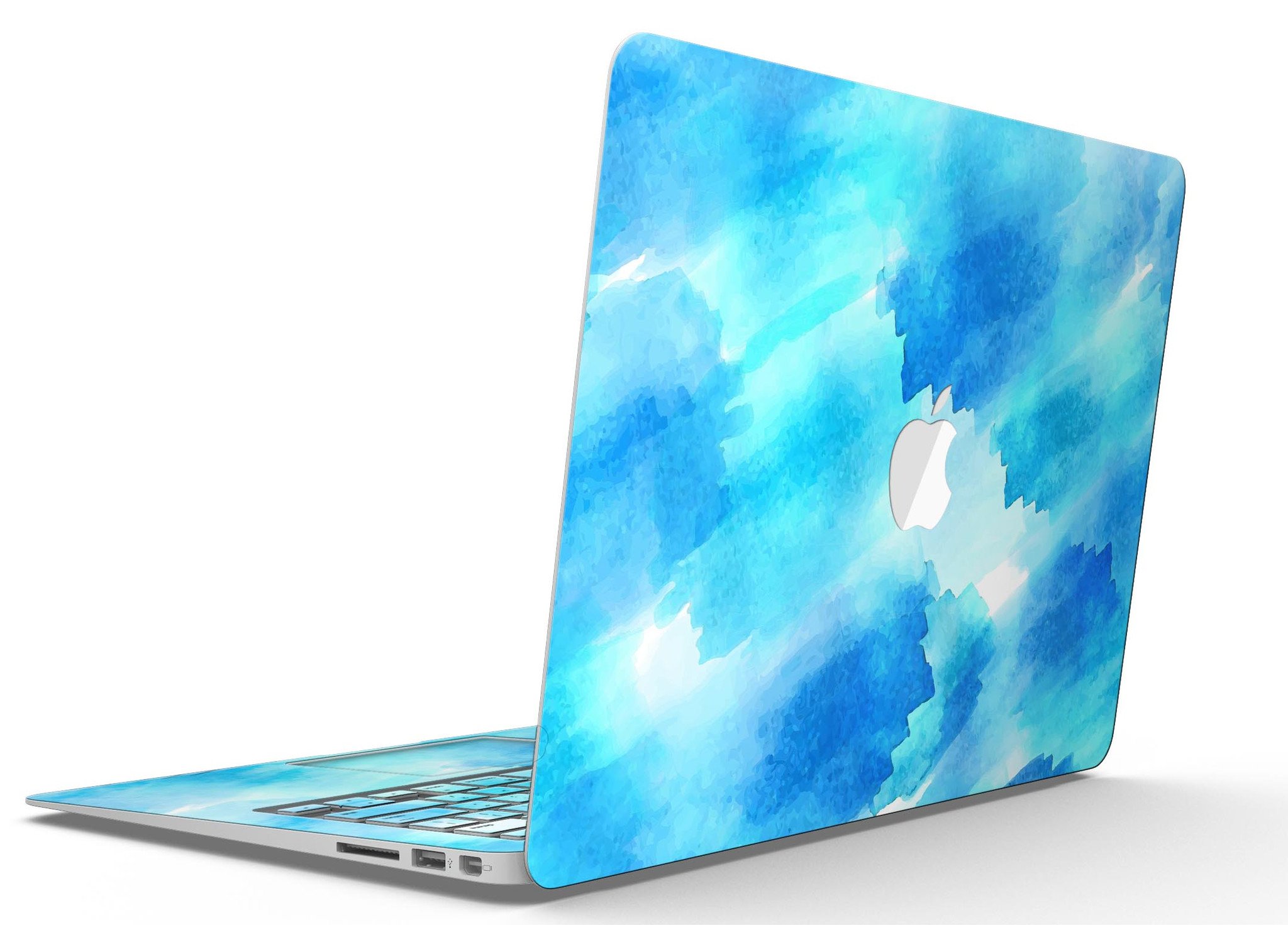 Abstract Blue Stroked Watercolour MacBook Air Skin Kit showcasing vibrant colors and a sleek design.