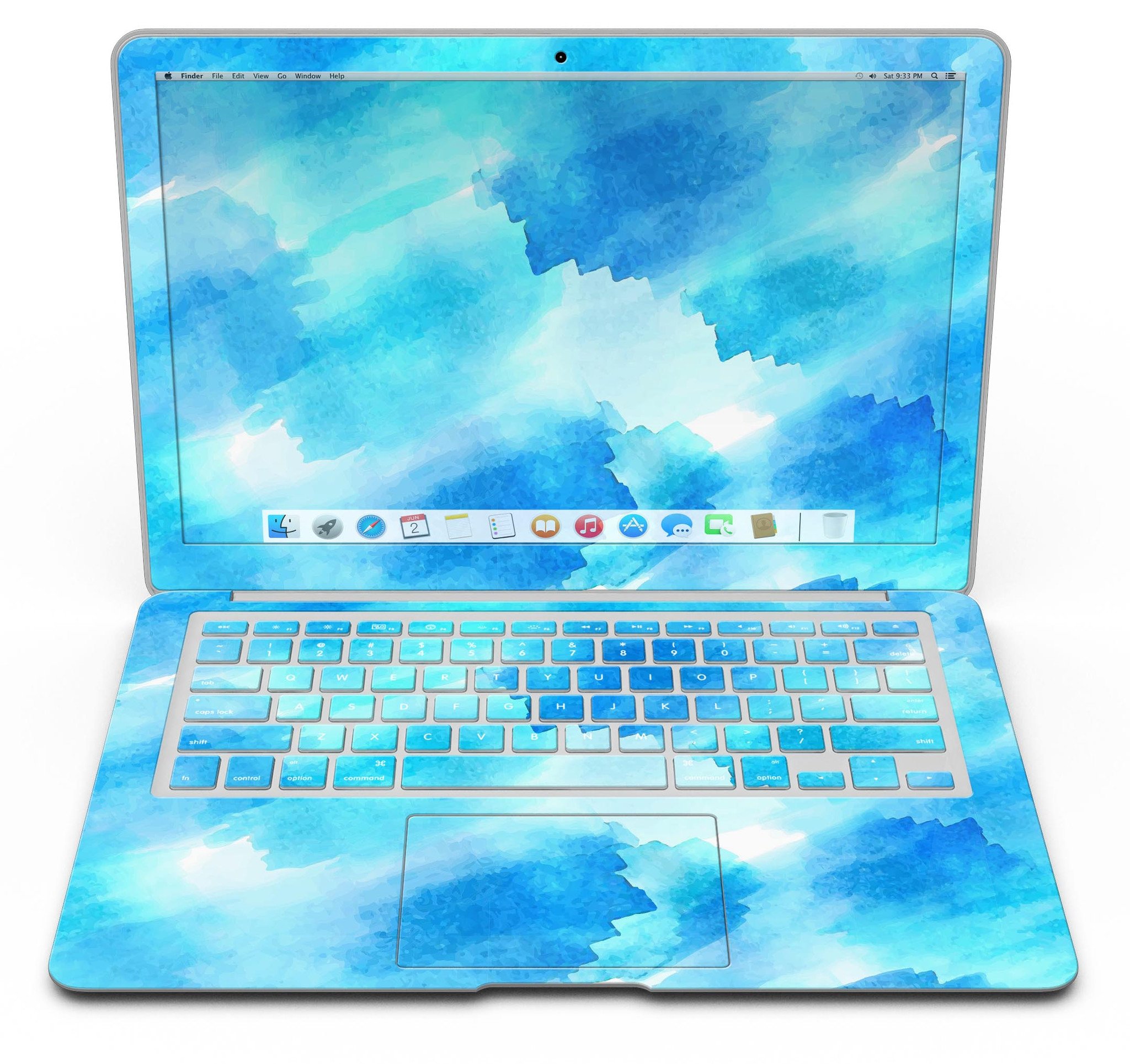 Abstract Blue Stroked Watercolour MacBook Air Skin Kit showcasing vibrant colors and a sleek design.