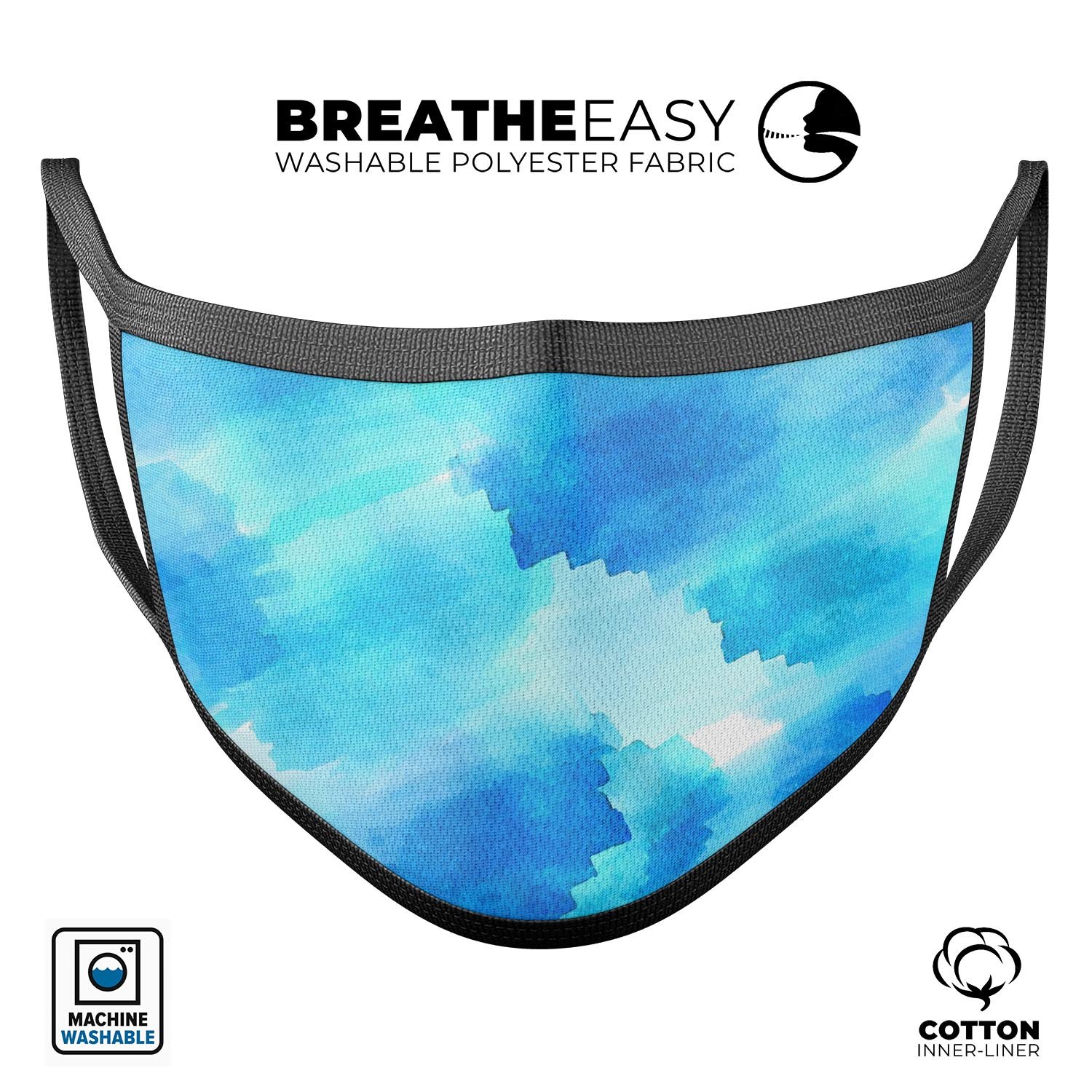 Abstract Blue Stroked Watercolour face mask, showcasing vibrant colors and a comfortable design, made in the USA.