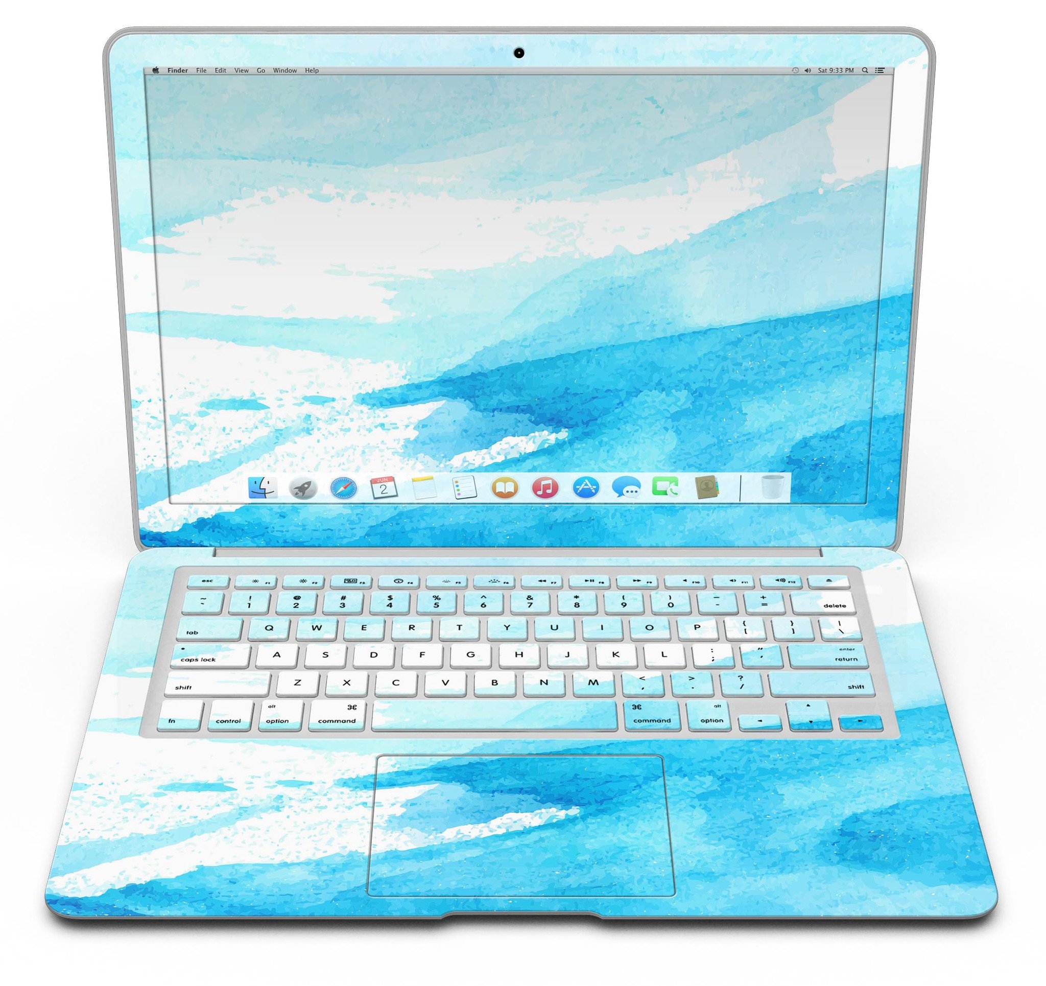 Abstract Blue Strokes MacBook Air Skin Kit showcasing vibrant blue strokes on a sleek vinyl surface.