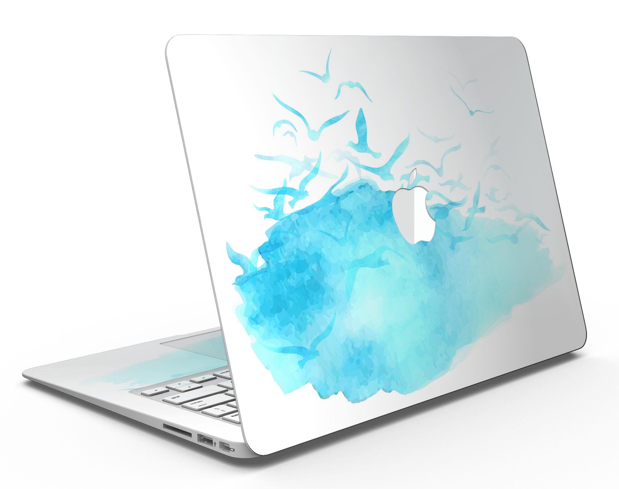 Abstract Blue Watercolor Seagull Swarm skin for MacBook Air, showcasing a vibrant design with seagulls in a watercolor style.