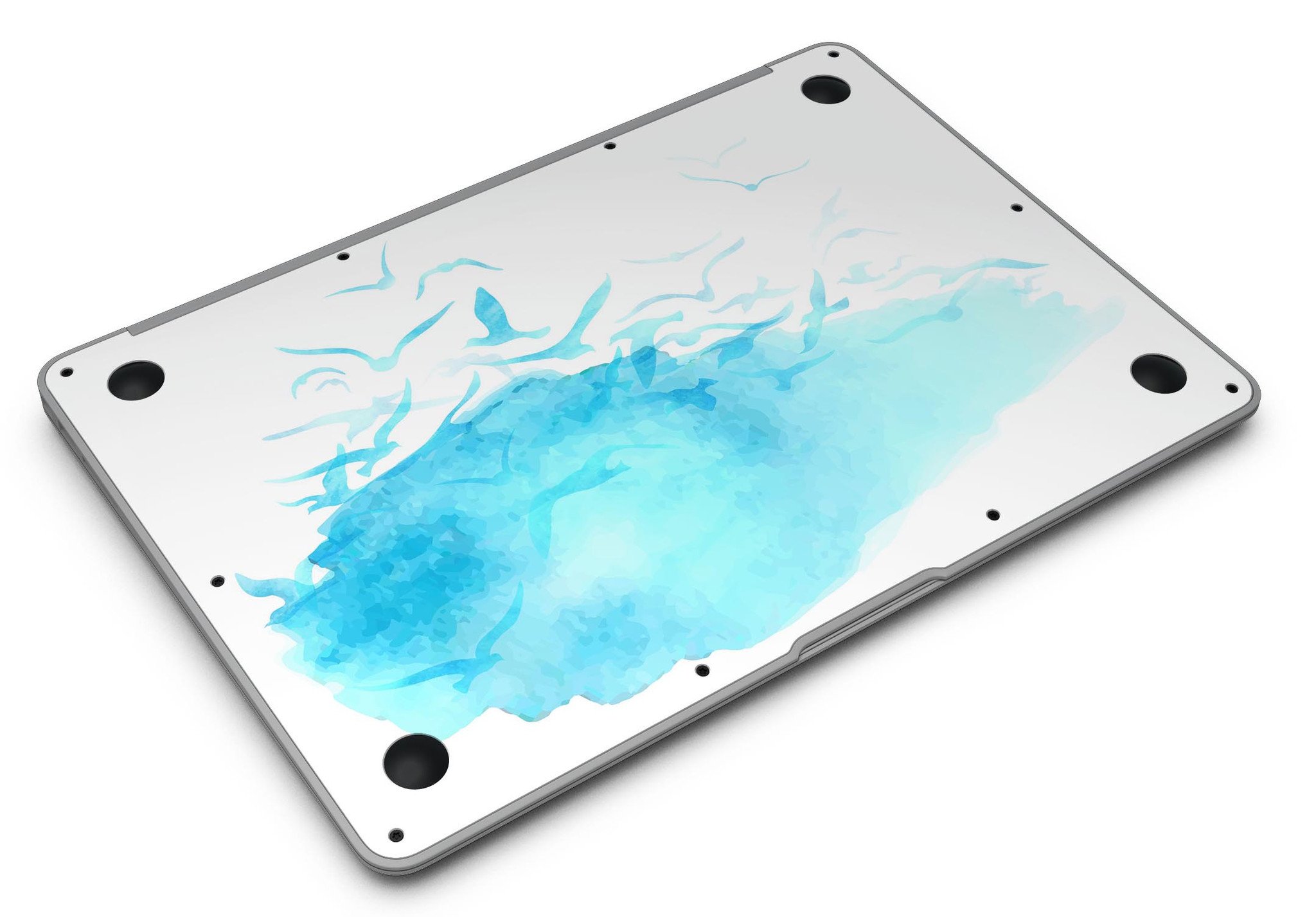 Abstract Blue Watercolor Seagull Swarm skin for MacBook Air, showcasing a vibrant design with seagulls in a watercolor style.