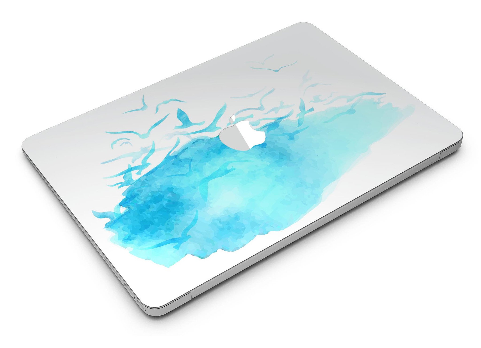 Abstract Blue Watercolor Seagull Swarm skin for MacBook Air, showcasing a vibrant design with seagulls in a watercolor style.