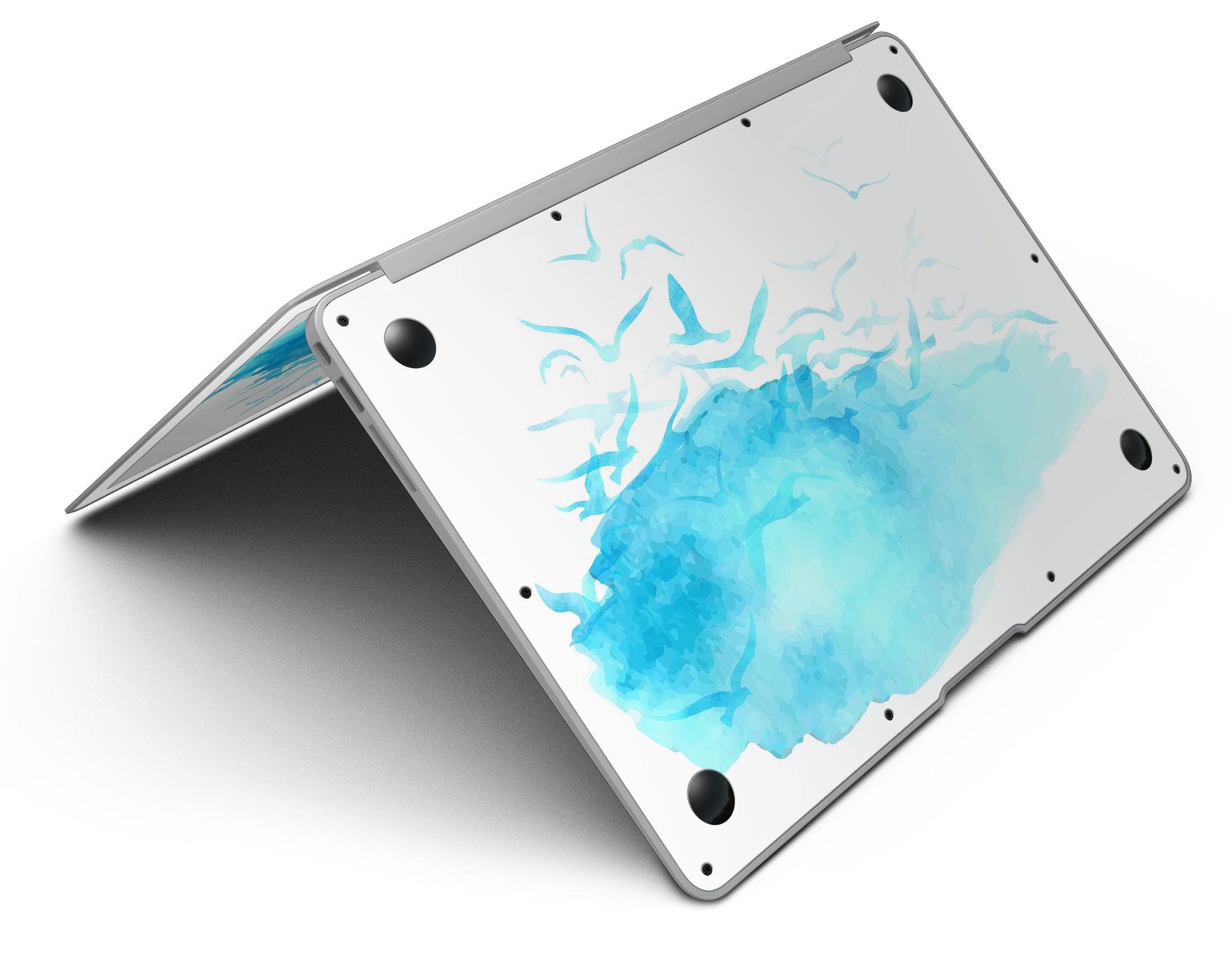 Abstract Blue Watercolor Seagull Swarm skin for MacBook Air, showcasing a vibrant design with seagulls in a watercolor style.