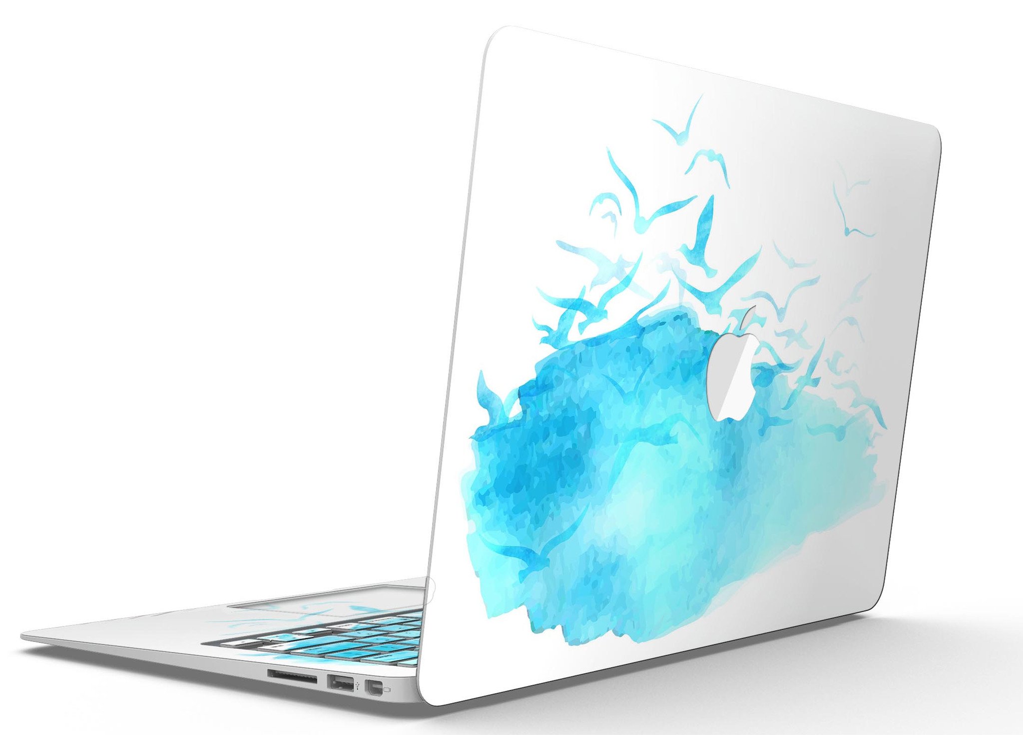 Abstract Blue Watercolor Seagull Swarm skin for MacBook Air, showcasing a vibrant design with seagulls in a watercolor style.