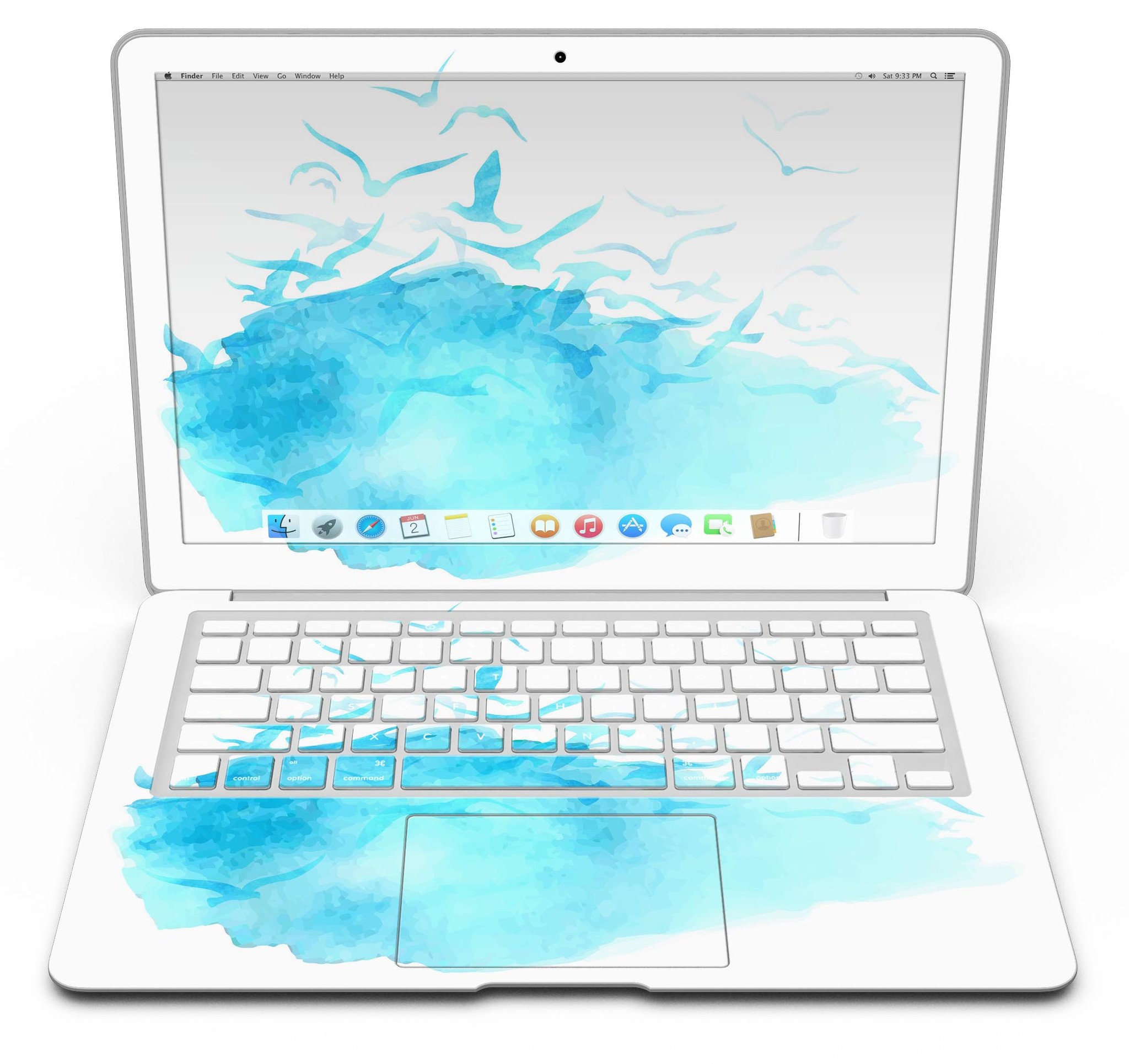 Abstract Blue Watercolor Seagull Swarm skin for MacBook Air, showcasing a vibrant design with seagulls in a watercolor style.