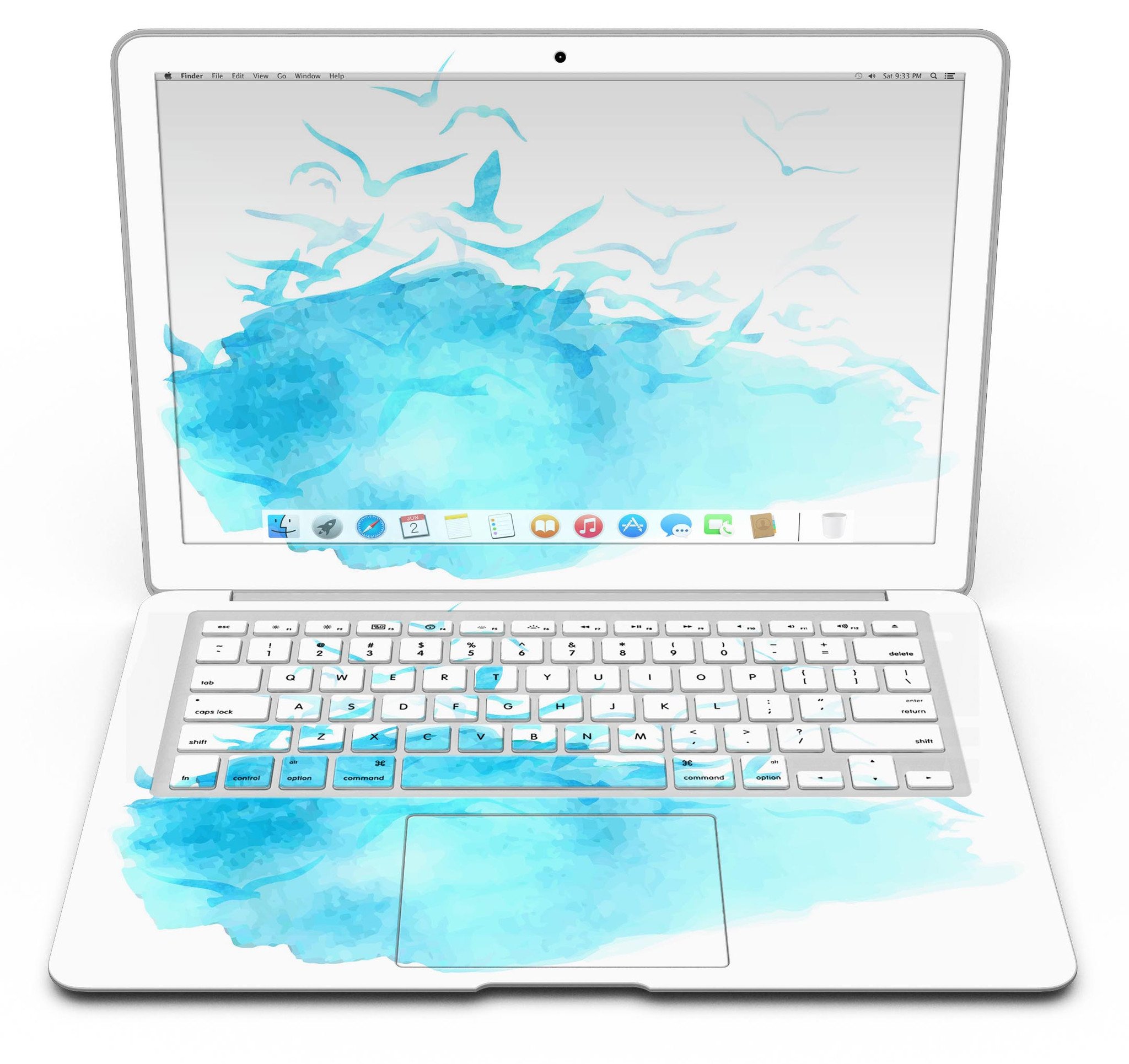 Abstract Blue Watercolor Seagull Swarm skin for MacBook Air, showcasing a vibrant design with seagulls in a watercolor style.