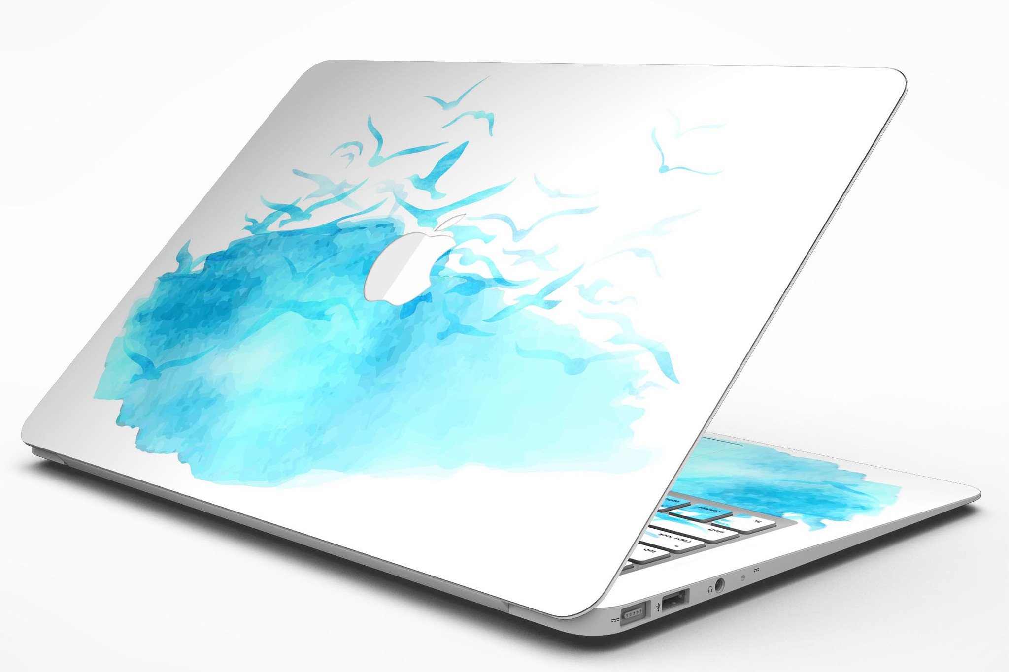 Abstract Blue Watercolor Seagull Swarm skin for MacBook Air, showcasing a vibrant design with seagulls in a watercolor style.