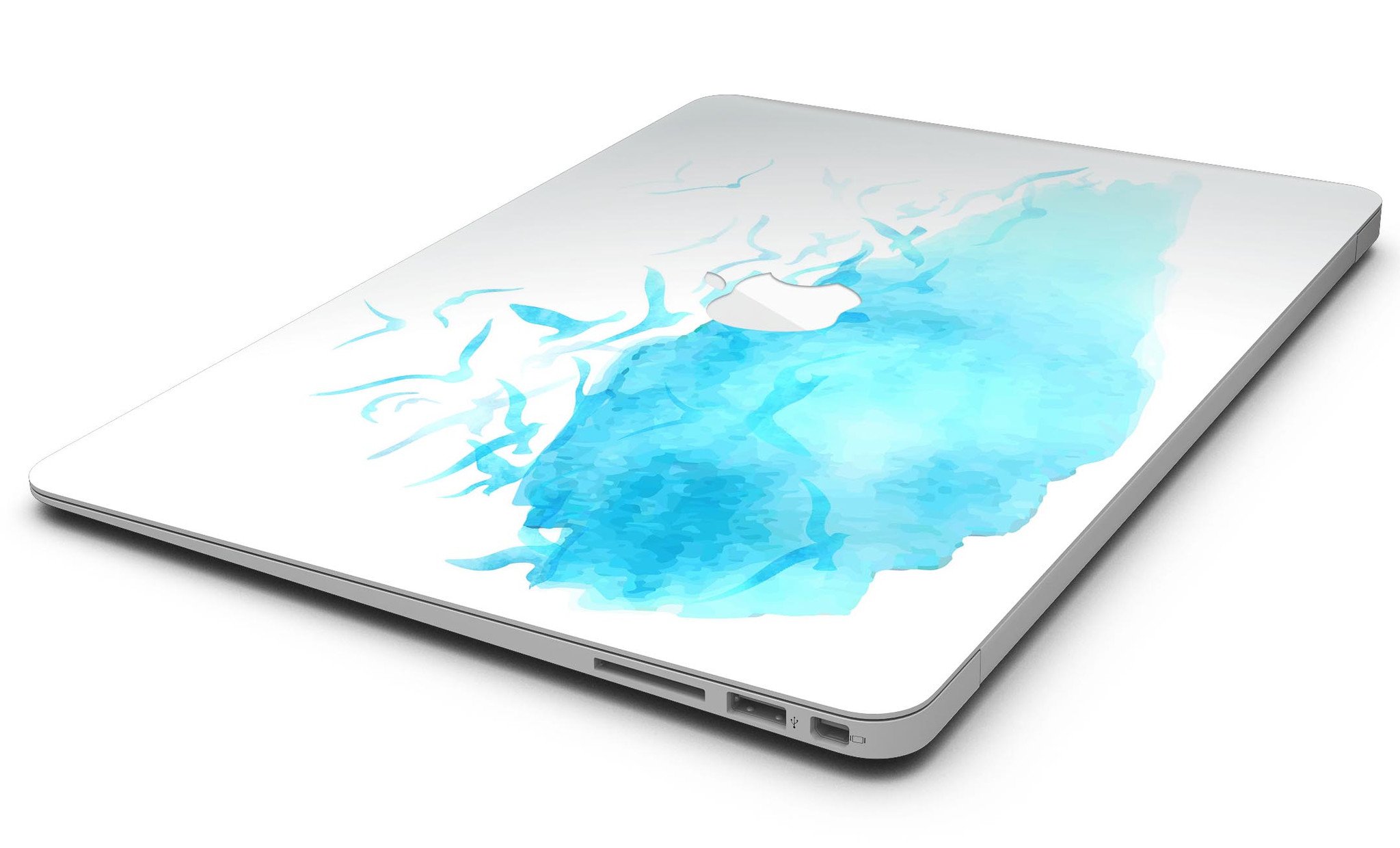 Abstract Blue Watercolor Seagull Swarm skin for MacBook Air, showcasing a vibrant design with seagulls in a watercolor style.