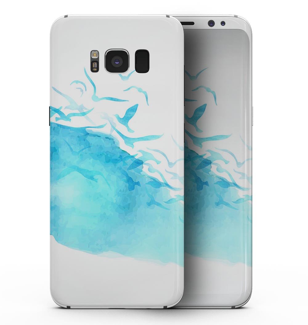 Abstract Blue Watercolor Seagull Swarm skin for Samsung Galaxy S8, showcasing vibrant blue hues and artistic seagull design.