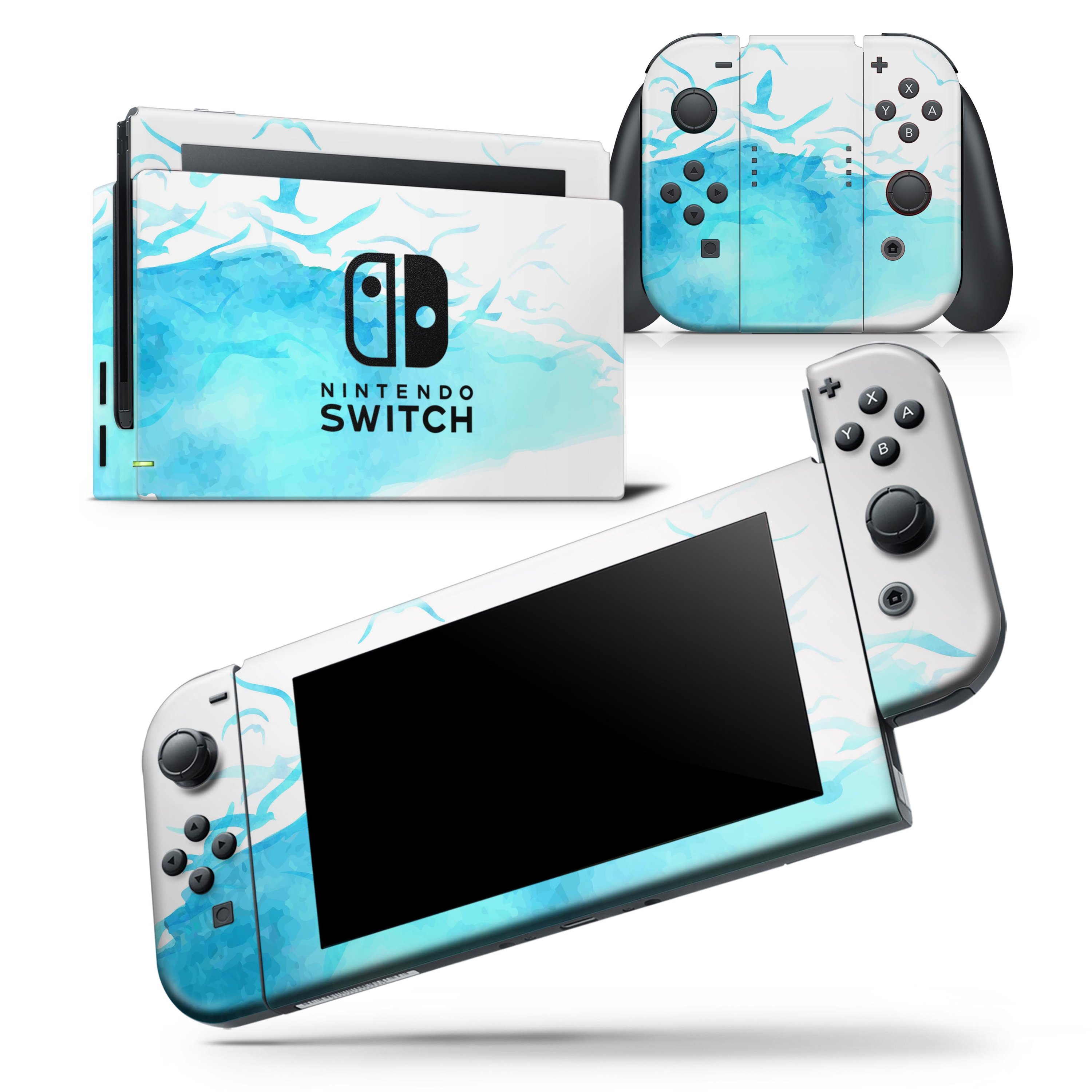 Abstract Blue Watercolor Seagull Swarm skin wrap decal for Nintendo Switch, showcasing vibrant colors and unique design.