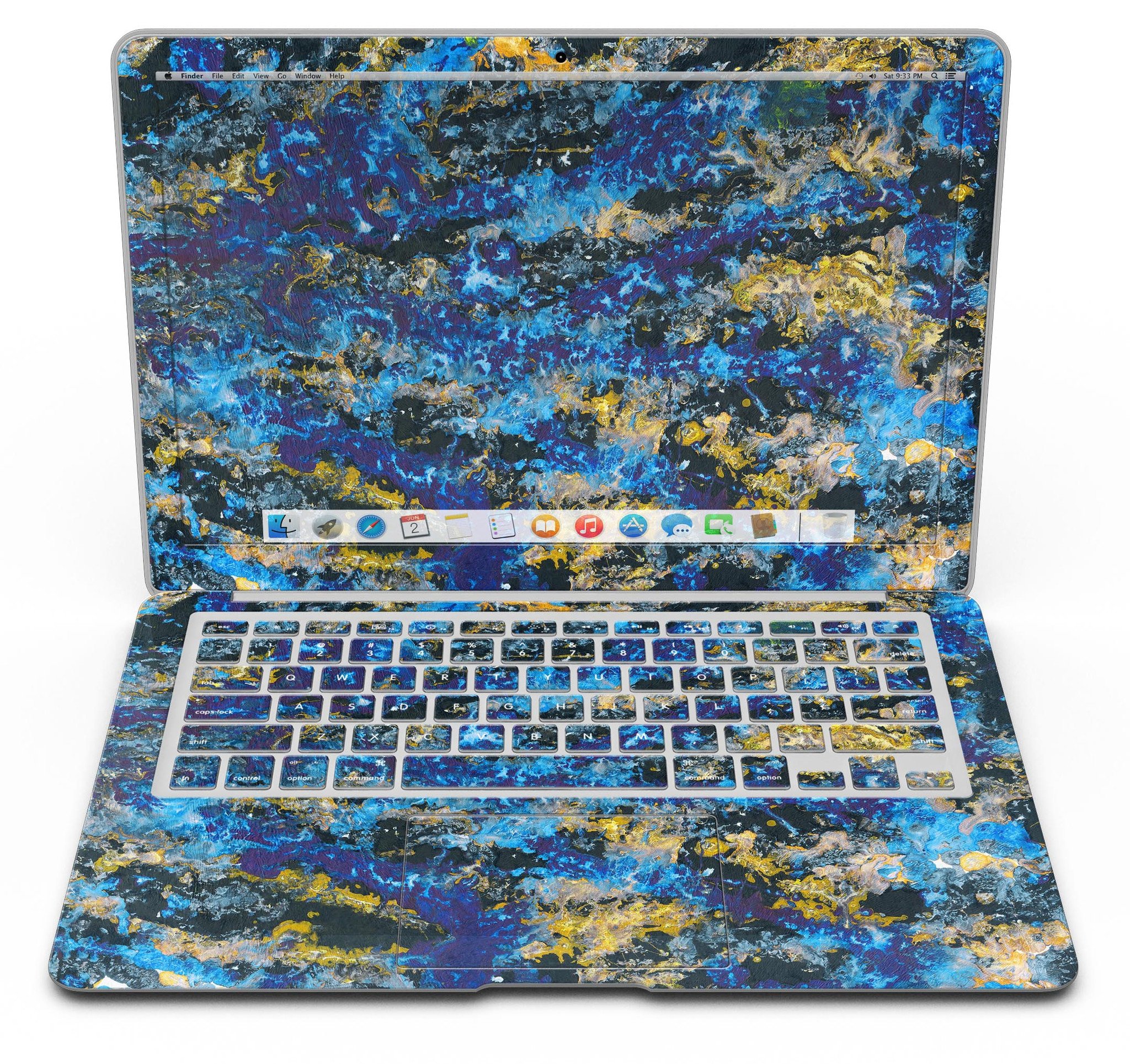 Abstract Blue Wet Paint skin kit for MacBook Air, showcasing vibrant colors and unique design.