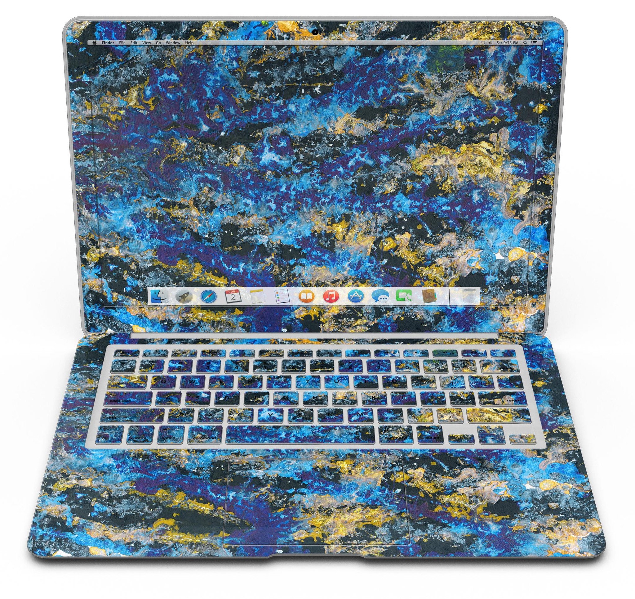 Abstract Blue Wet Paint skin kit for MacBook Air, showcasing vibrant colors and unique design.