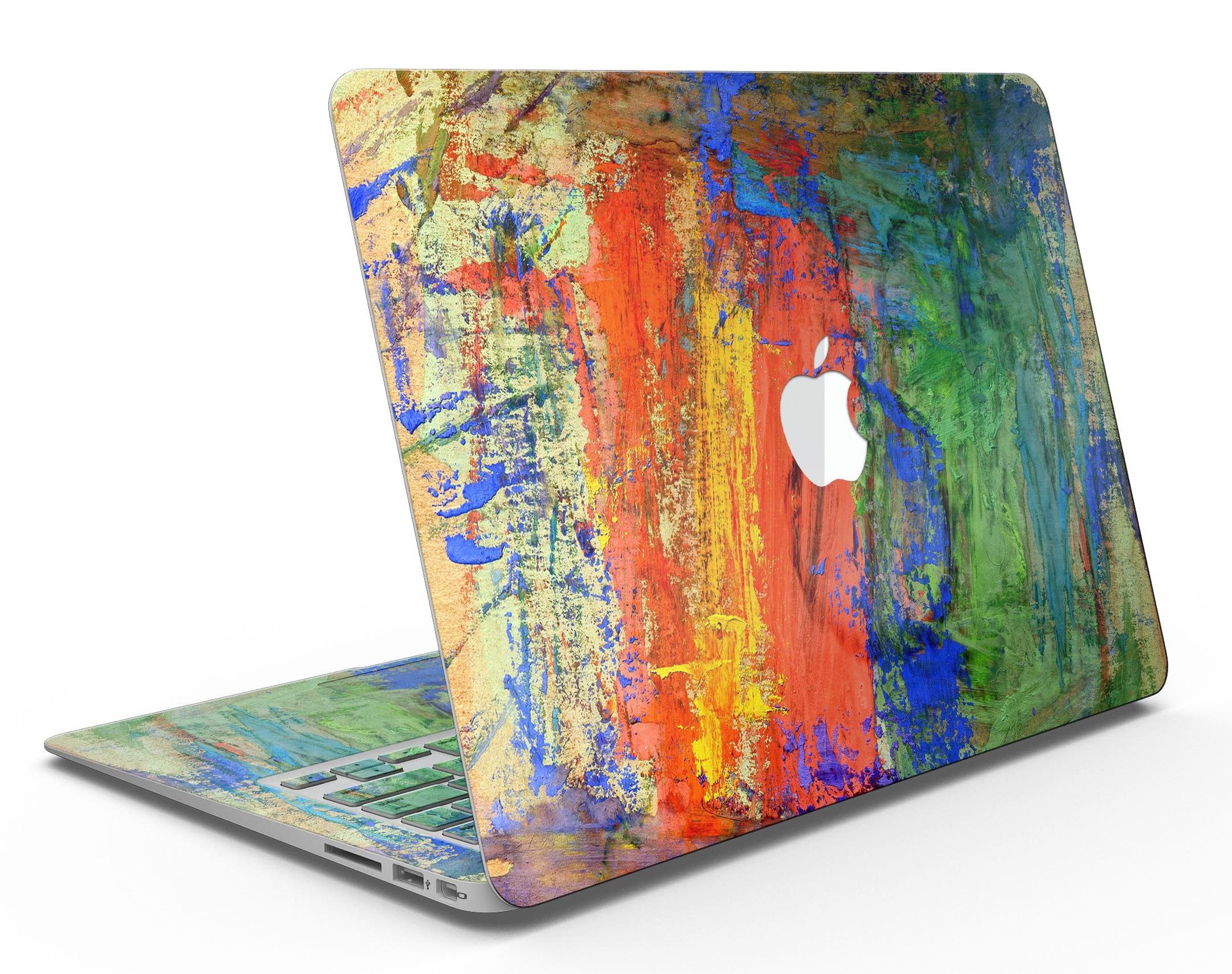 Colorful abstract oil painting skin for MacBook, showcasing vibrant primary and secondary colors in a stylish design.