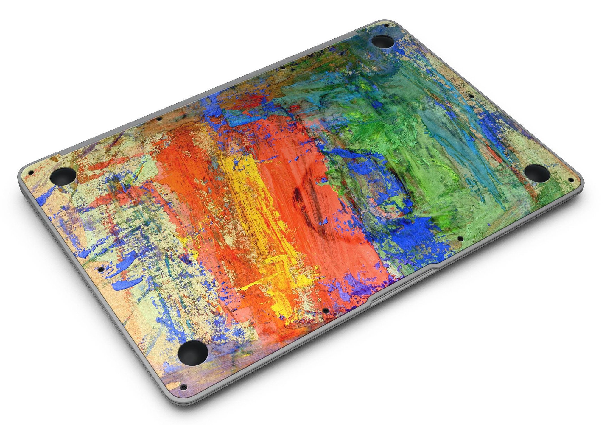 Colorful abstract oil painting skin for MacBook, showcasing vibrant primary and secondary colors in a stylish design.