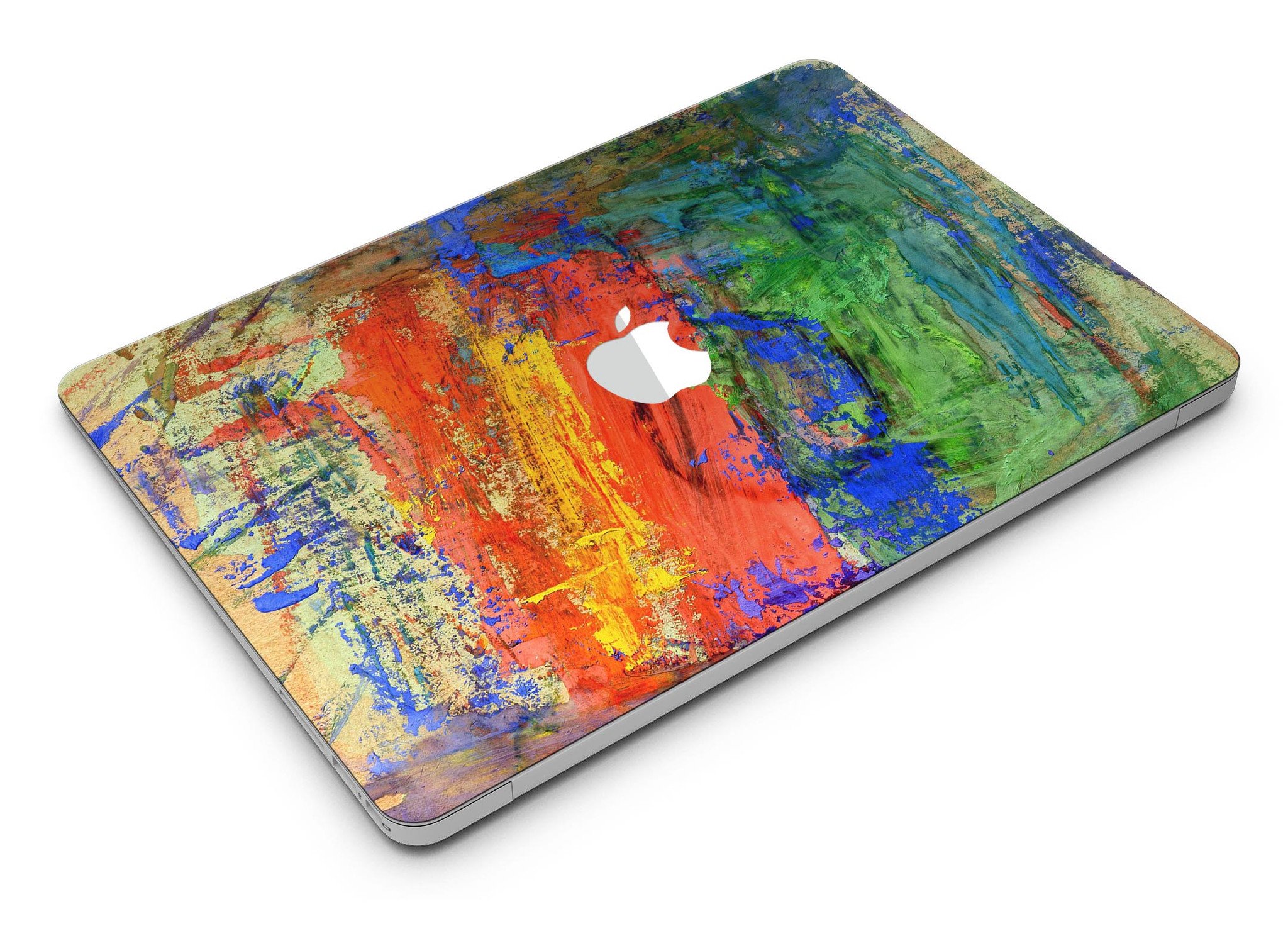 Colorful abstract oil painting skin for MacBook, showcasing vibrant primary and secondary colors in a stylish design.