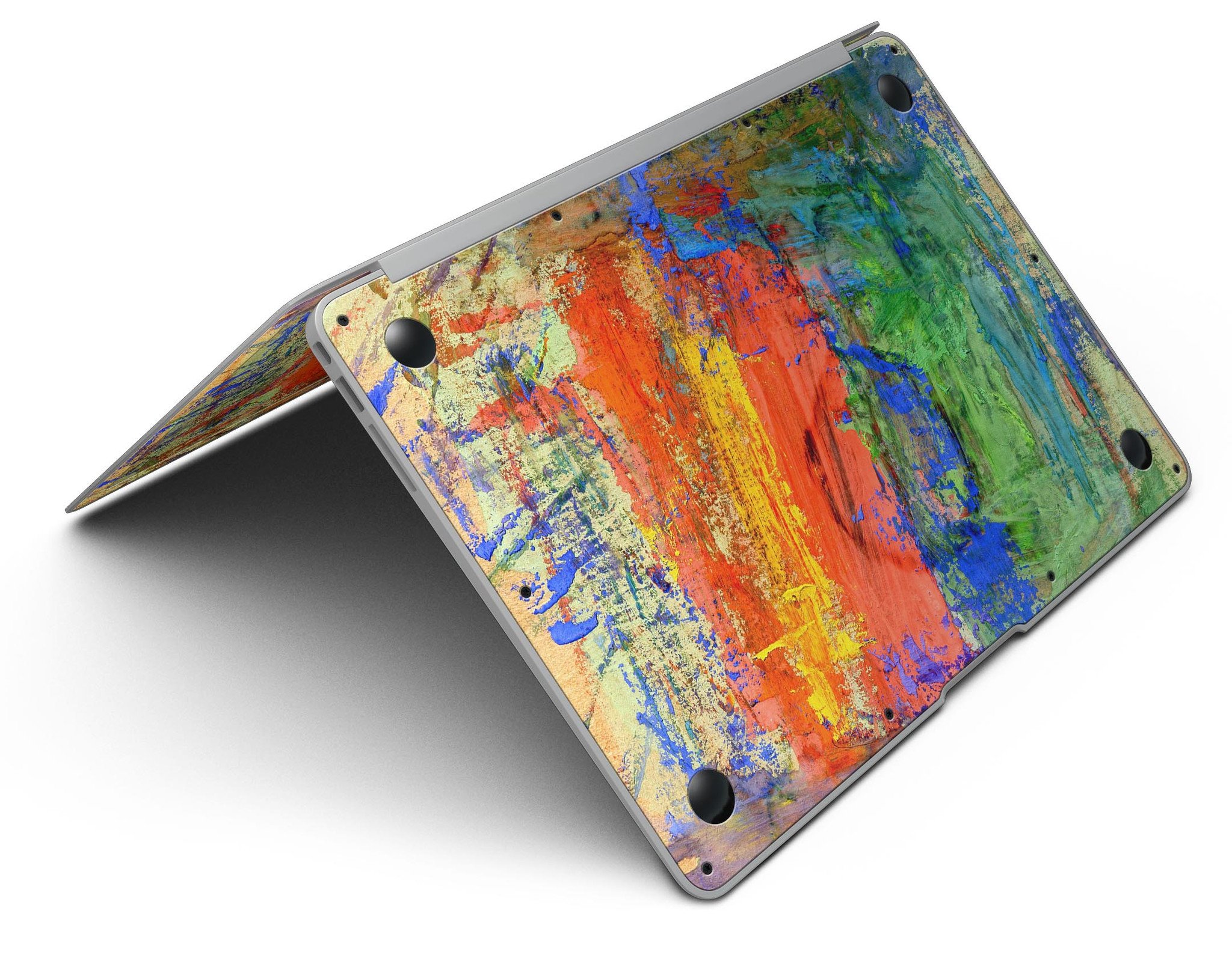 Colorful abstract oil painting skin for MacBook, showcasing vibrant primary and secondary colors in a stylish design.