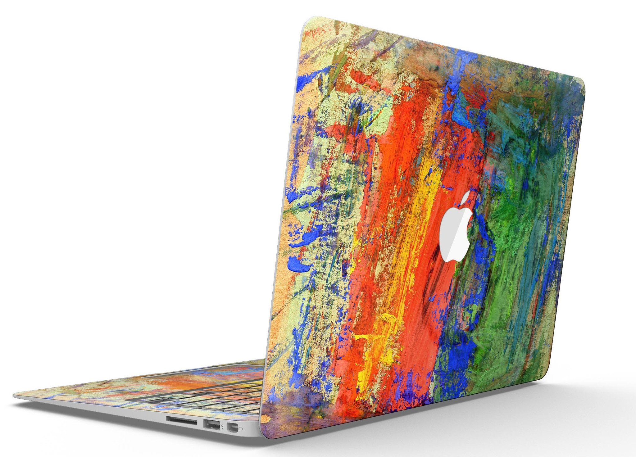 Colorful abstract oil painting skin for MacBook, showcasing vibrant primary and secondary colors in a stylish design.