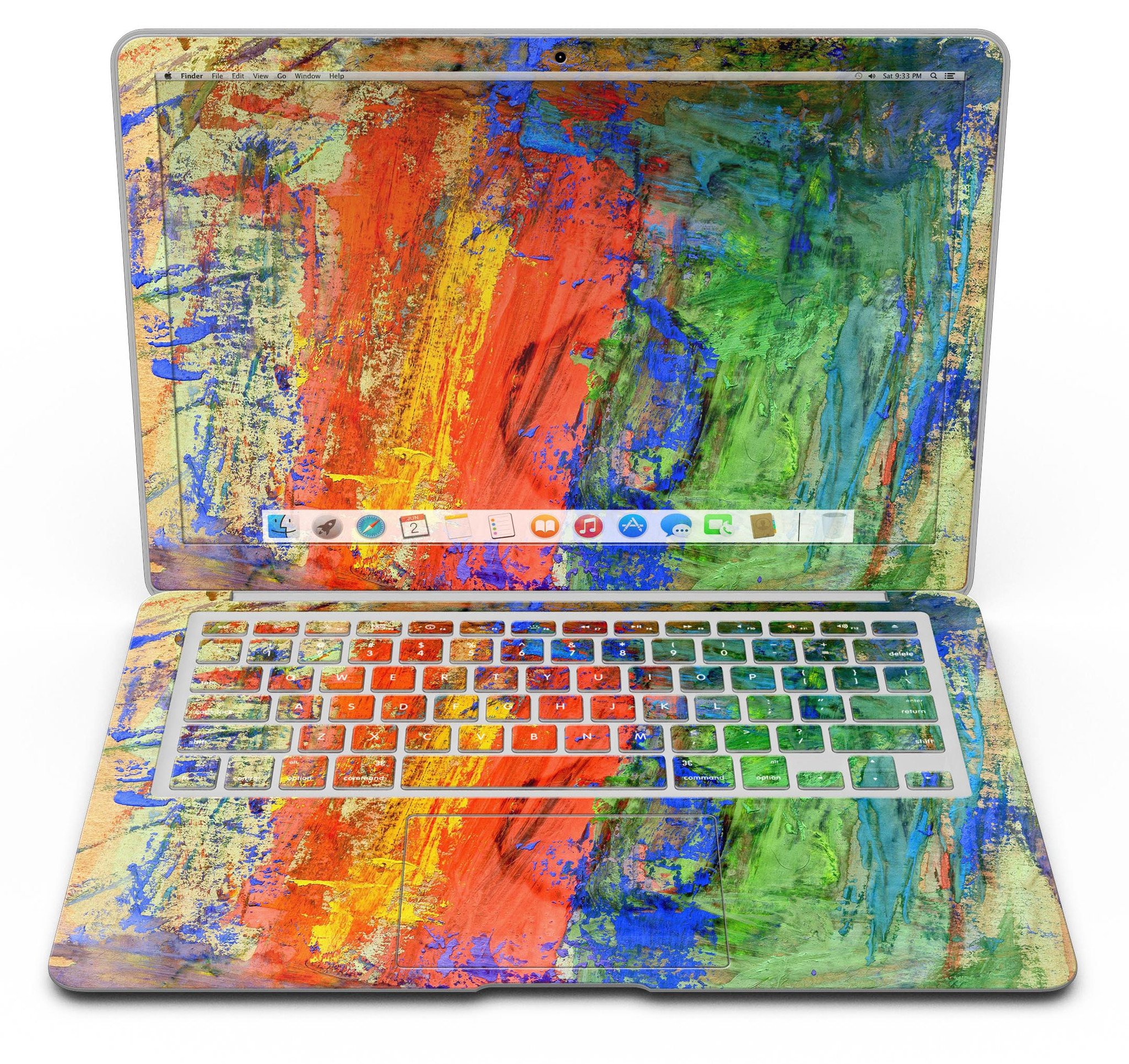 Colorful abstract oil painting skin for MacBook, showcasing vibrant primary and secondary colors in a stylish design.