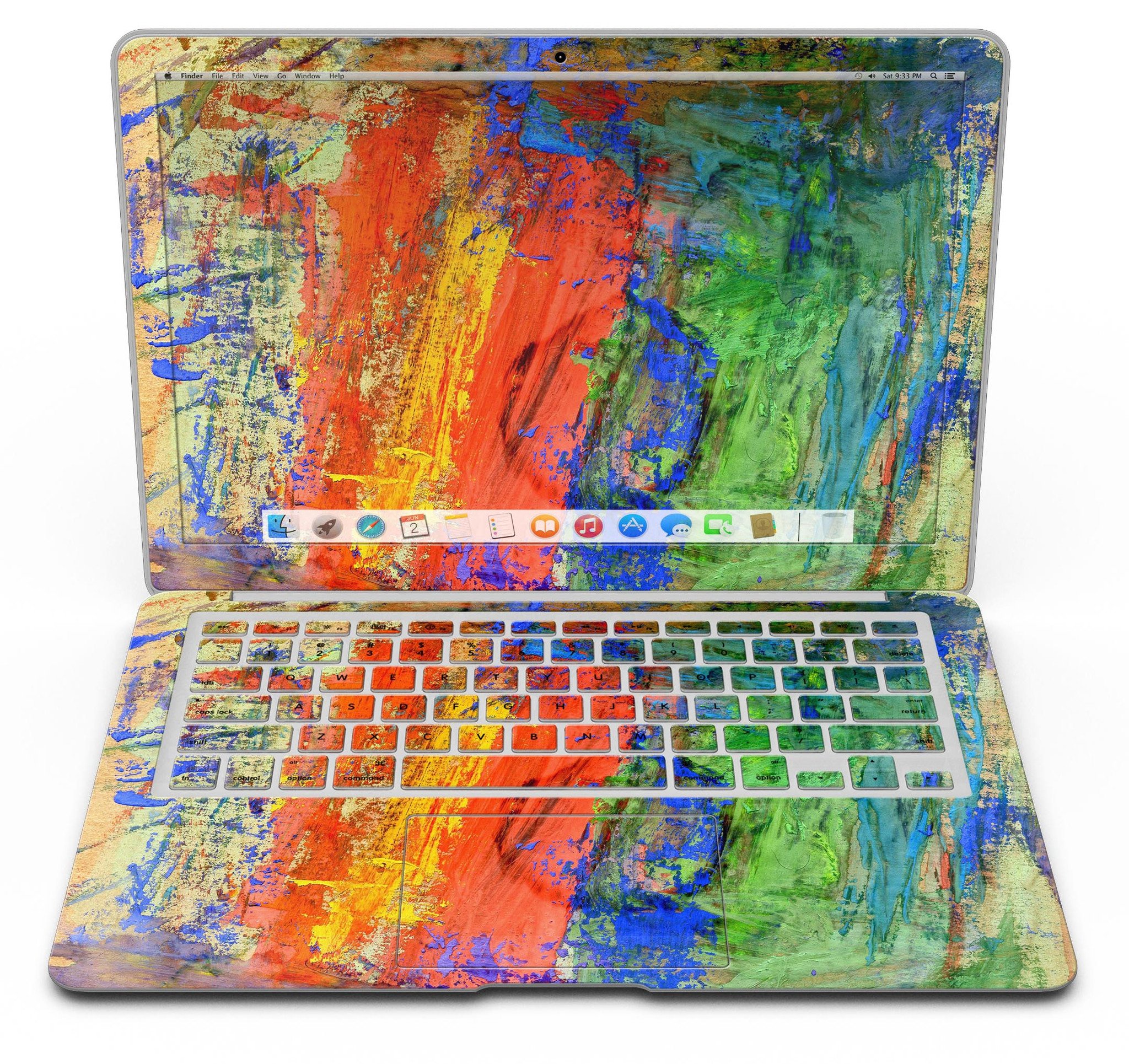 Colorful abstract oil painting skin for MacBook, showcasing vibrant primary and secondary colors in a stylish design.