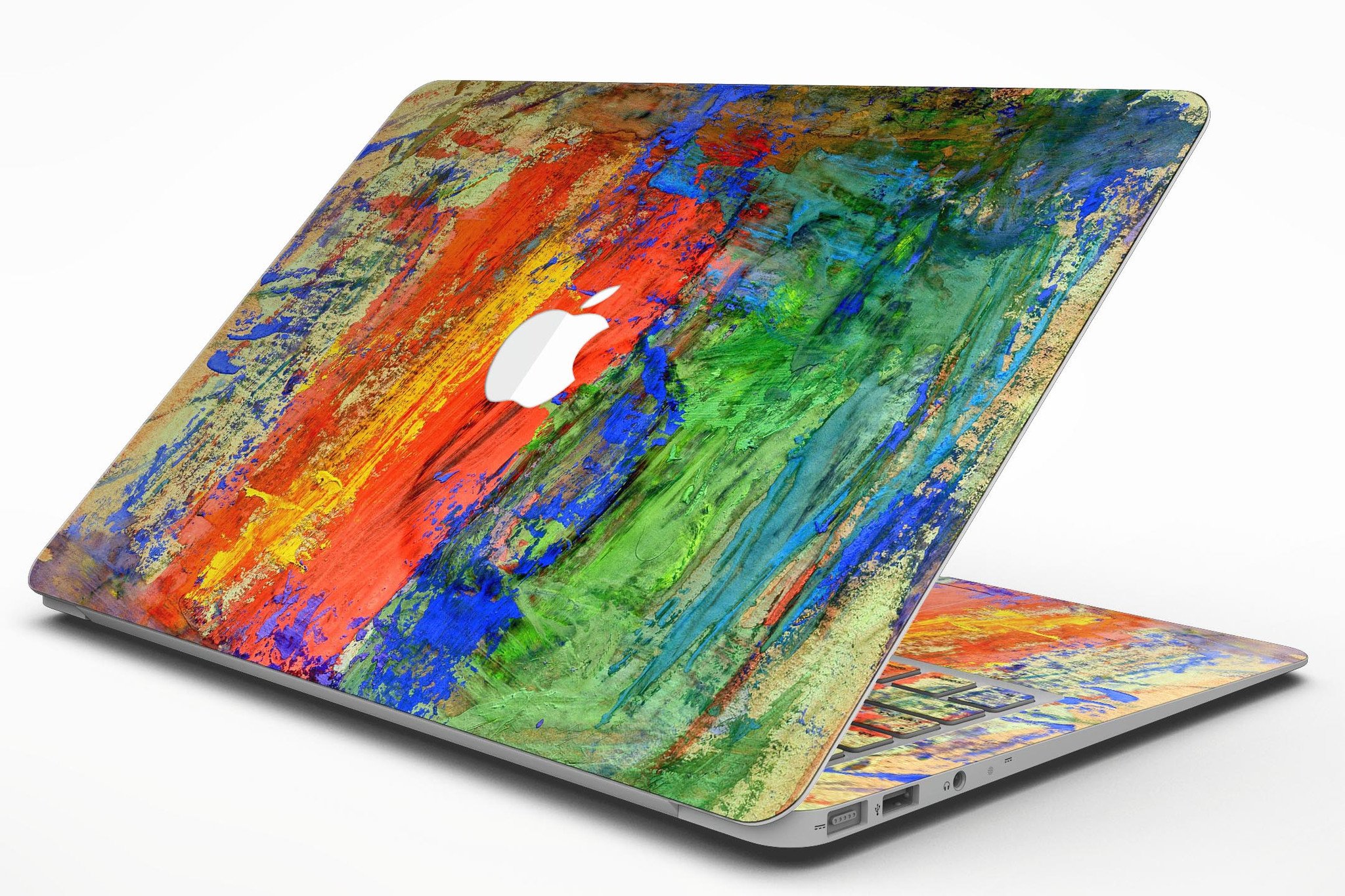 Colorful abstract oil painting skin for MacBook, showcasing vibrant primary and secondary colors in a stylish design.