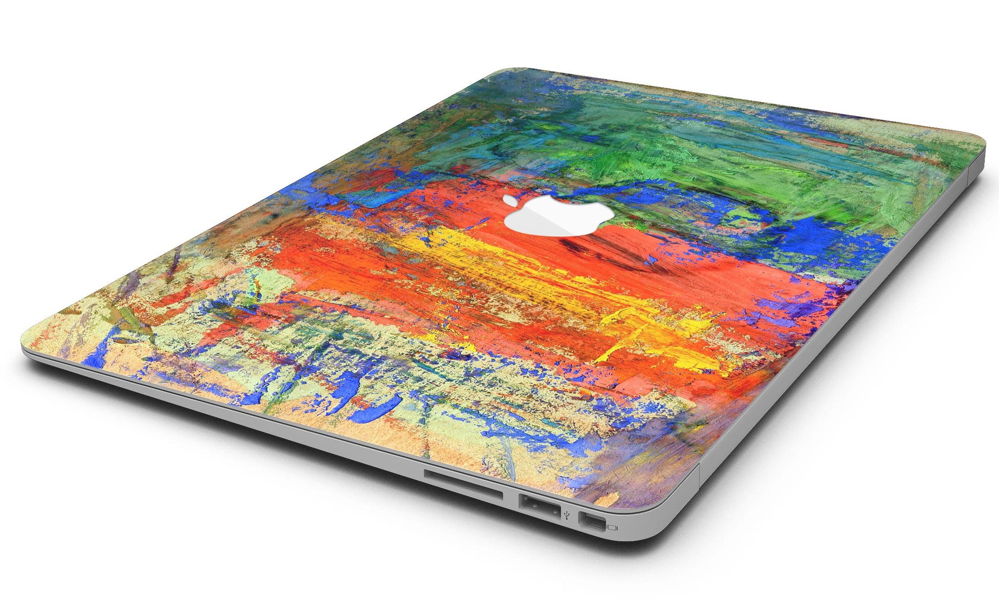 Colorful abstract oil painting skin for MacBook, showcasing vibrant primary and secondary colors in a stylish design.