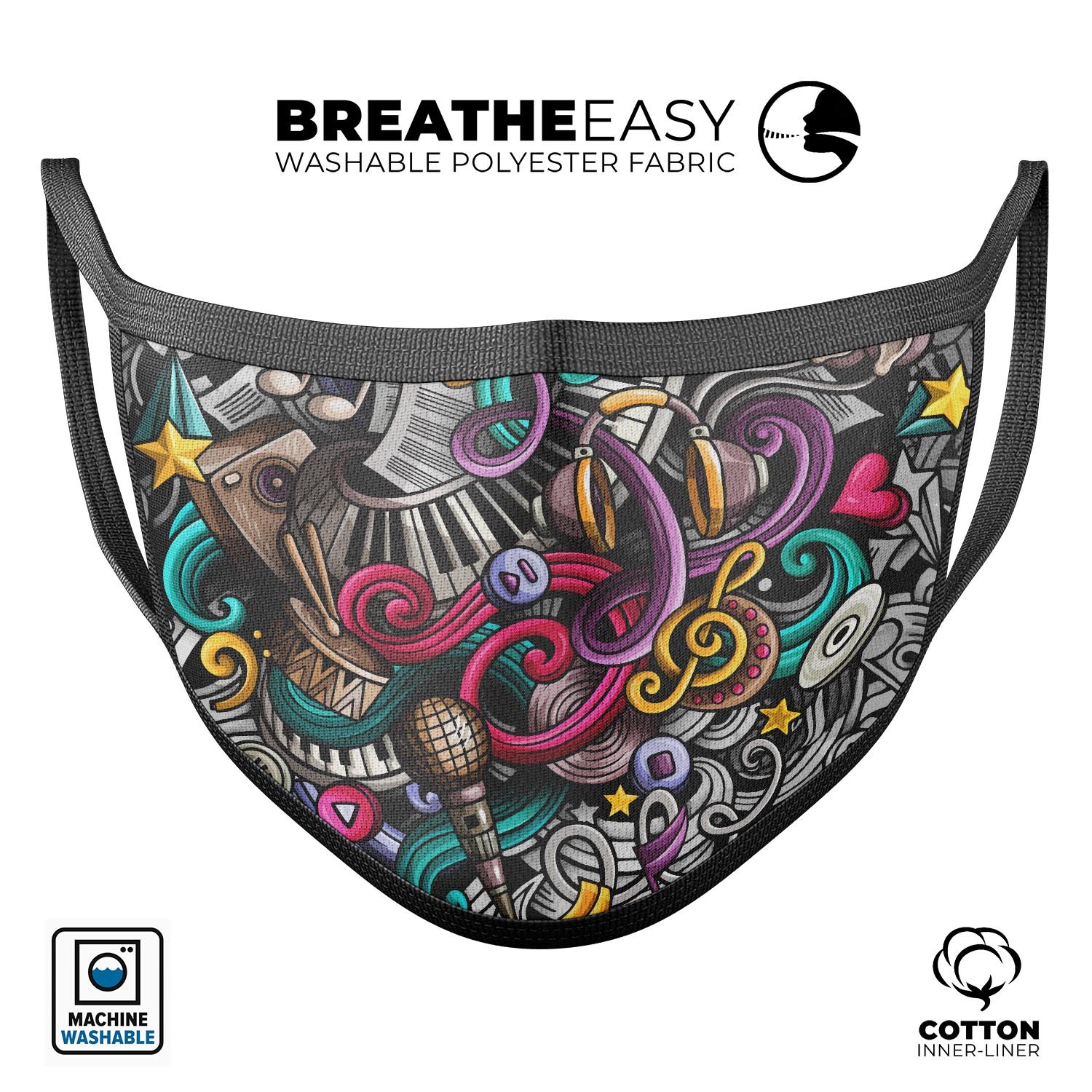 Abstract Cartoon Music Doodles mouth cover, featuring vibrant colors and playful designs, made in the USA with adjustable ear loops.