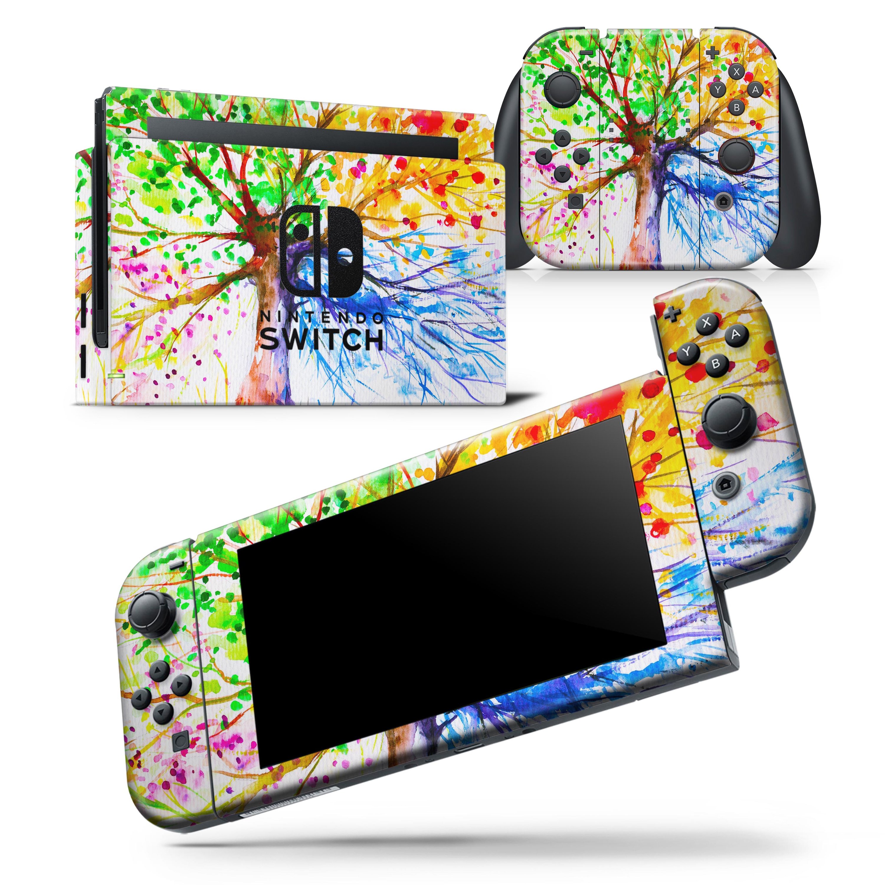 Abstract Colorful WaterColor Vivid Tree V3 skin wrap decal for Nintendo Switch, showcasing vibrant colors and intricate tree design.