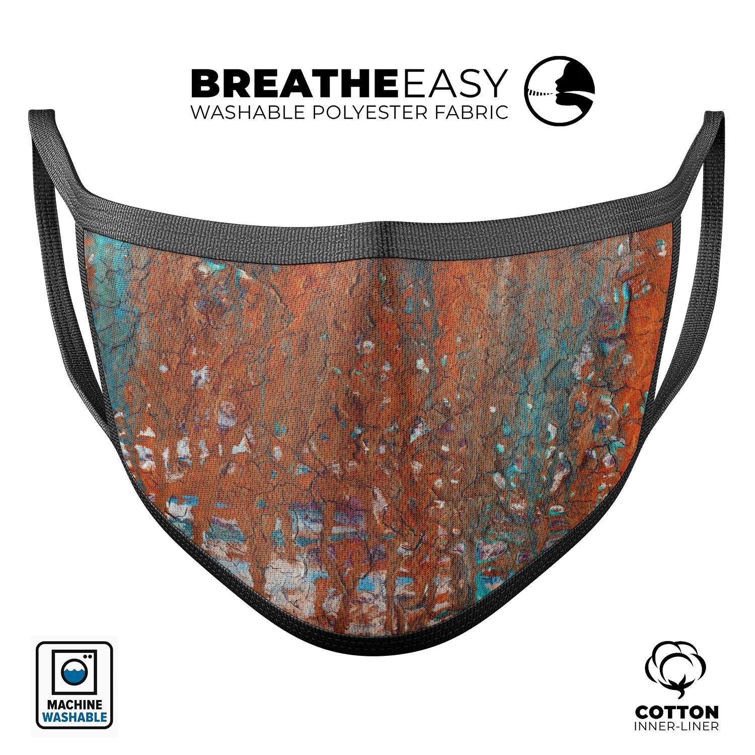 Abstract Cracked Burnt Paint mouth cover, a stylish and comfortable reusable face mask made in the USA, featuring adjustable ear loops.