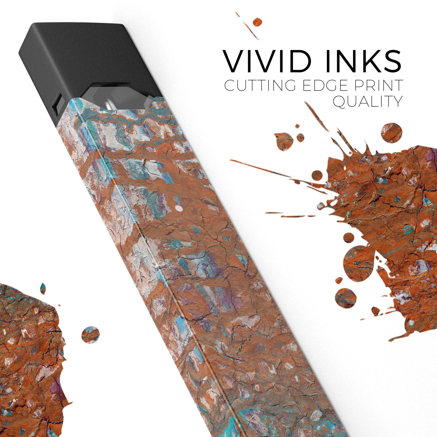 Abstract Cracked Burnt Paint skin-wrap for JUUL vaping device, showcasing vibrant colors and unique design.