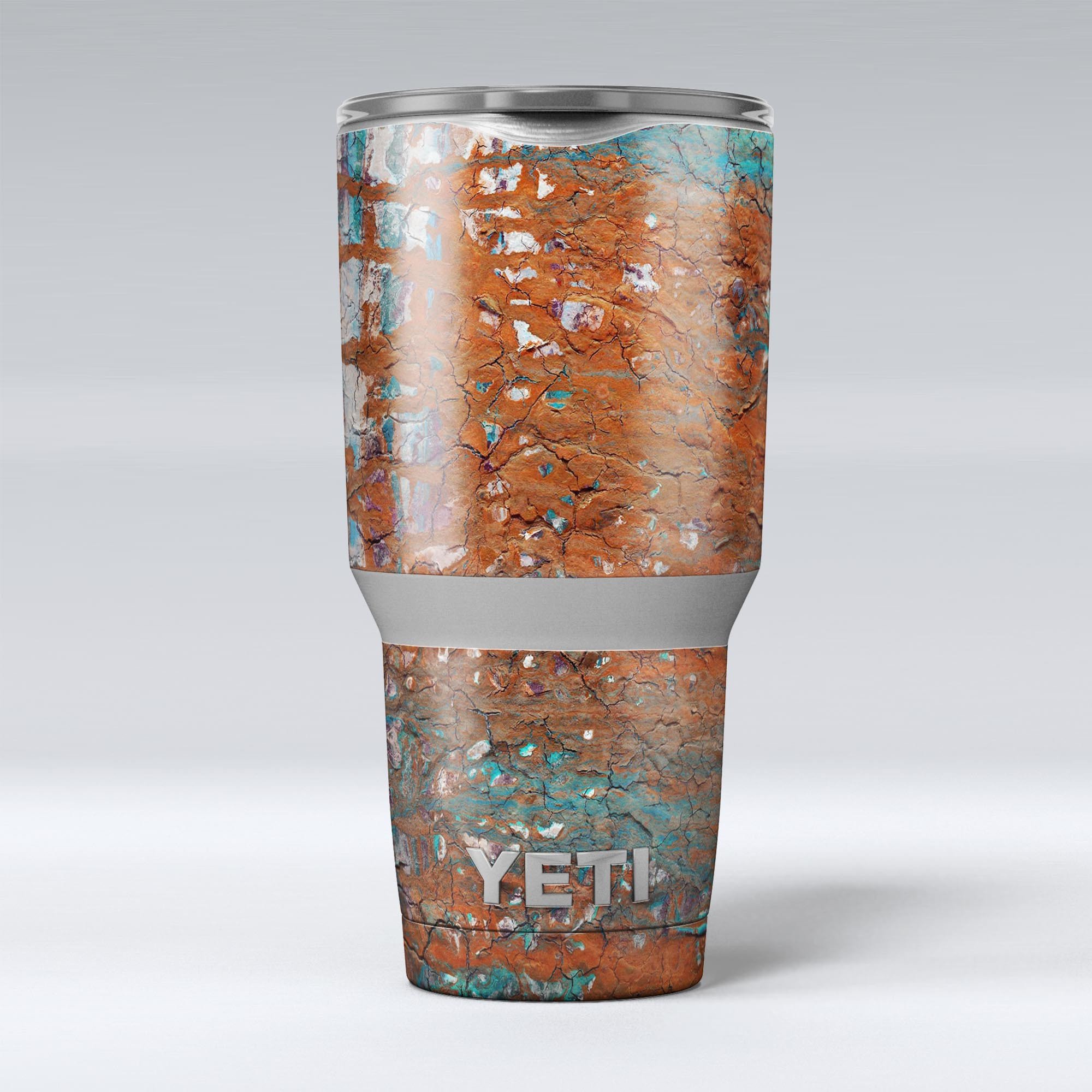 Abstract Cracked Burnt Paint vinyl wrap skin for Yeti Cooler, showcasing vibrant colors and unique design.