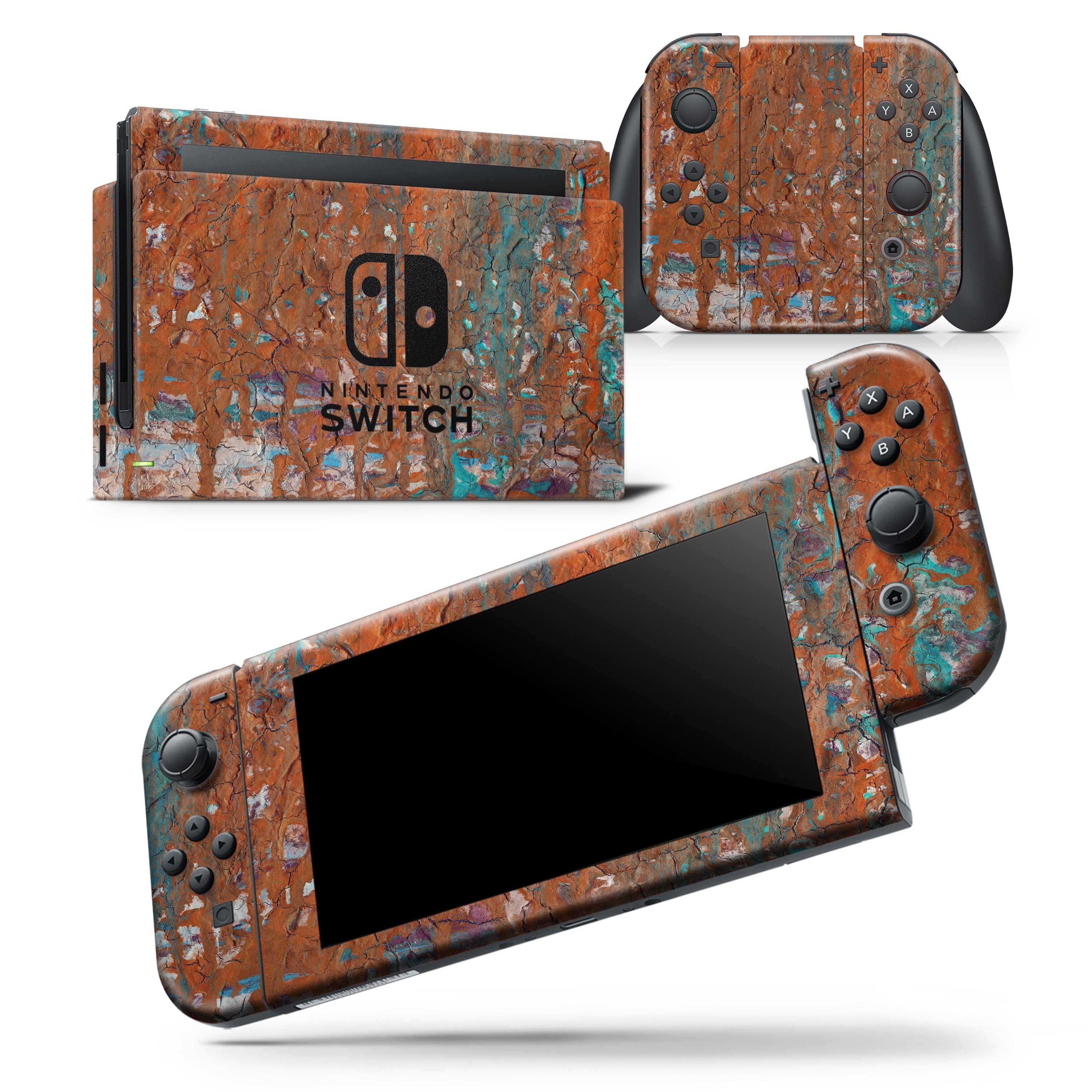 Abstract Cracked Burnt Paint skin wrap decal for Nintendo Switch, showcasing vibrant colors and unique design.