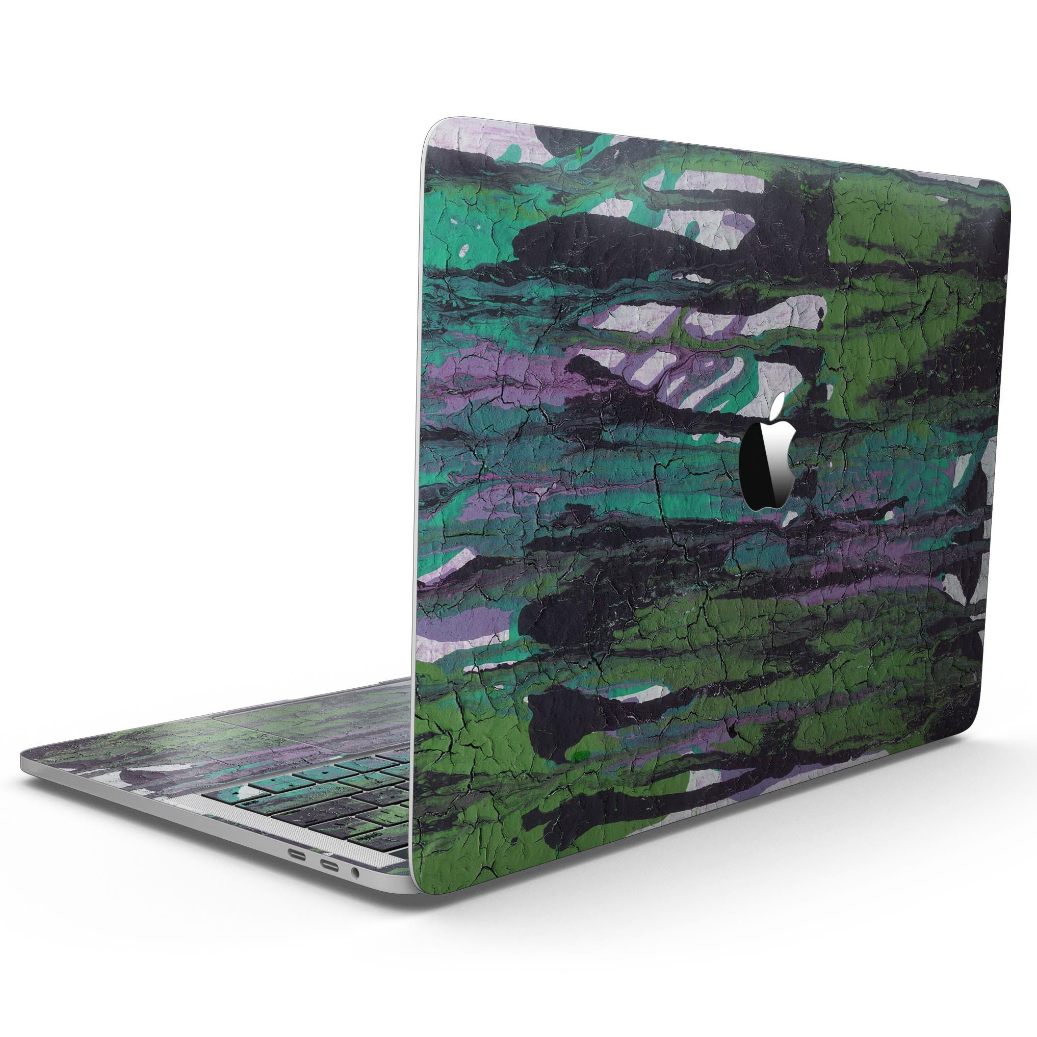 Abstract Cracked Green Paint Skin for 13" MacBook Pro without Touch Bar, showcasing a unique artistic design.