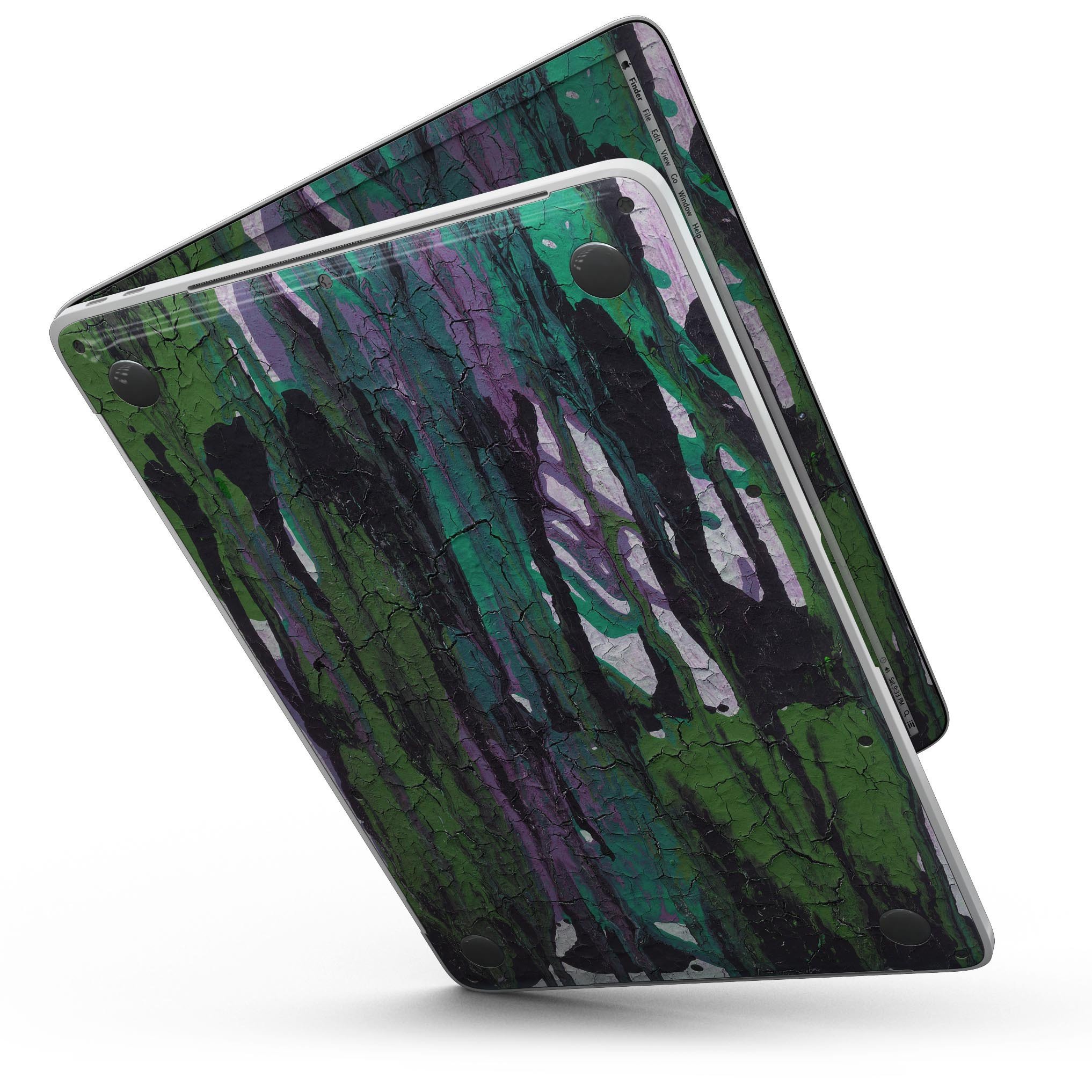 Abstract Cracked Green Paint Skin for 13" MacBook Pro without Touch Bar, showcasing a unique artistic design.