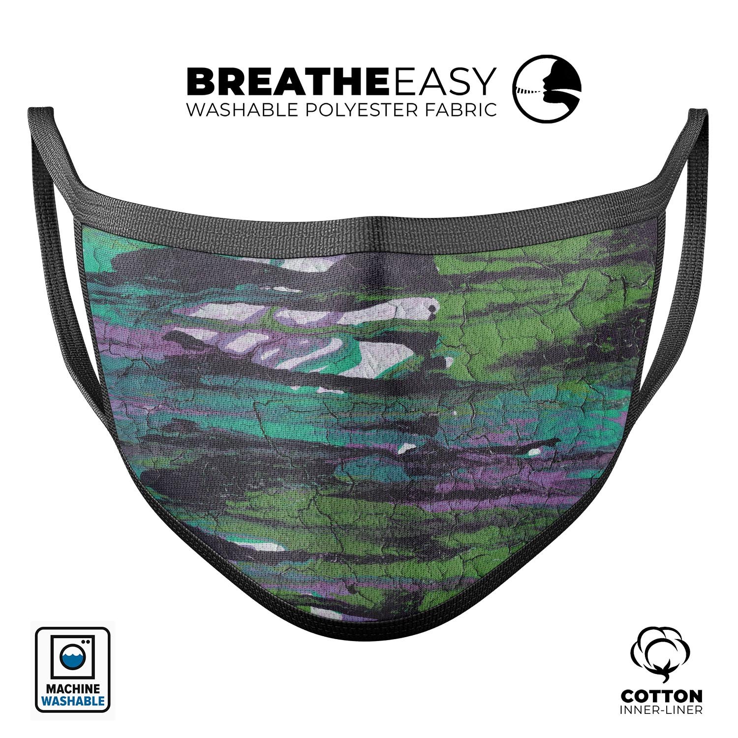 Abstract Cracked Green Paint Wall mouth cover, showcasing a vibrant design with adjustable ear loops for a comfortable fit.