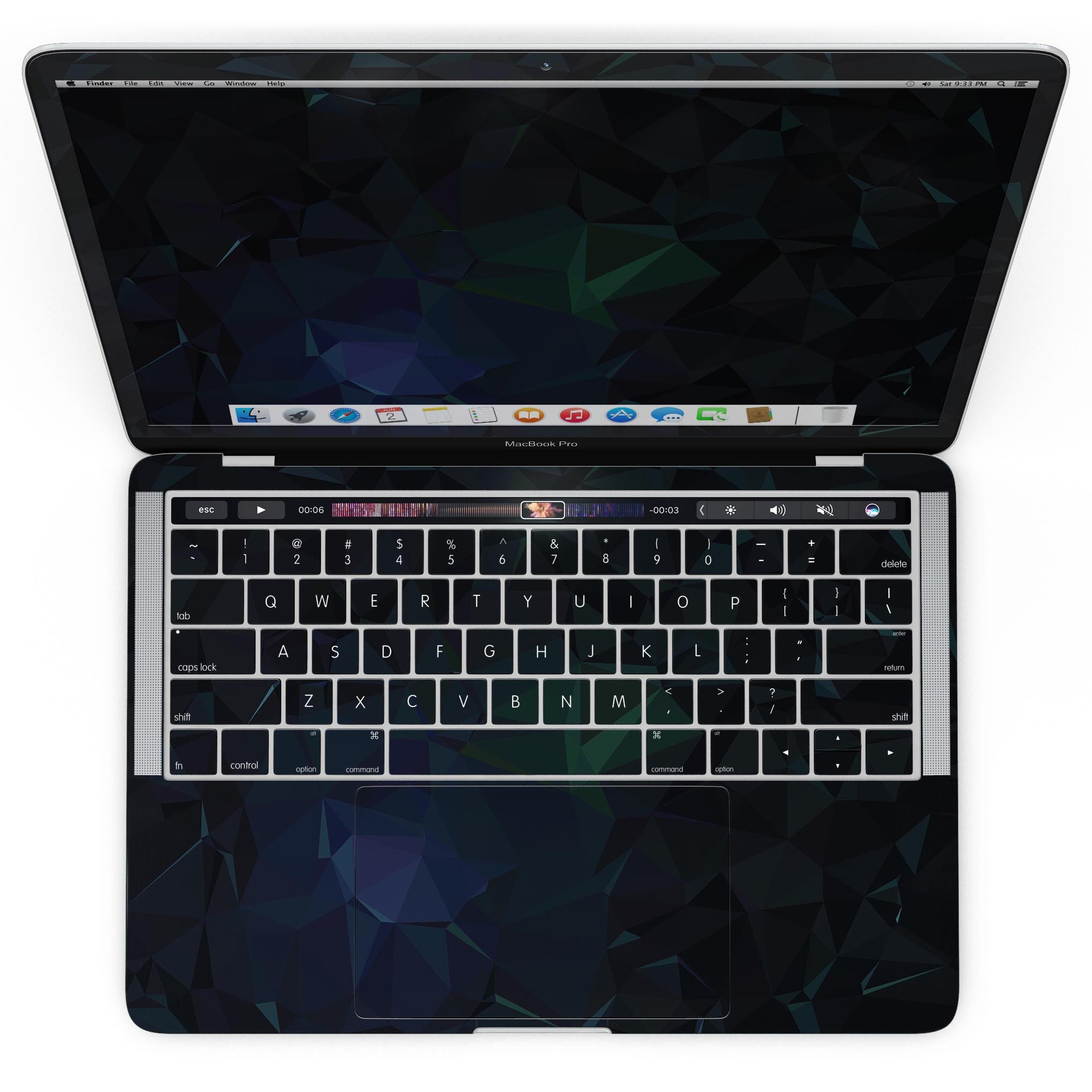 Abstract Dark Blue Geometric Shapes skin for MacBook Pro with Touch Bar, showcasing a stylish design that protects the device.